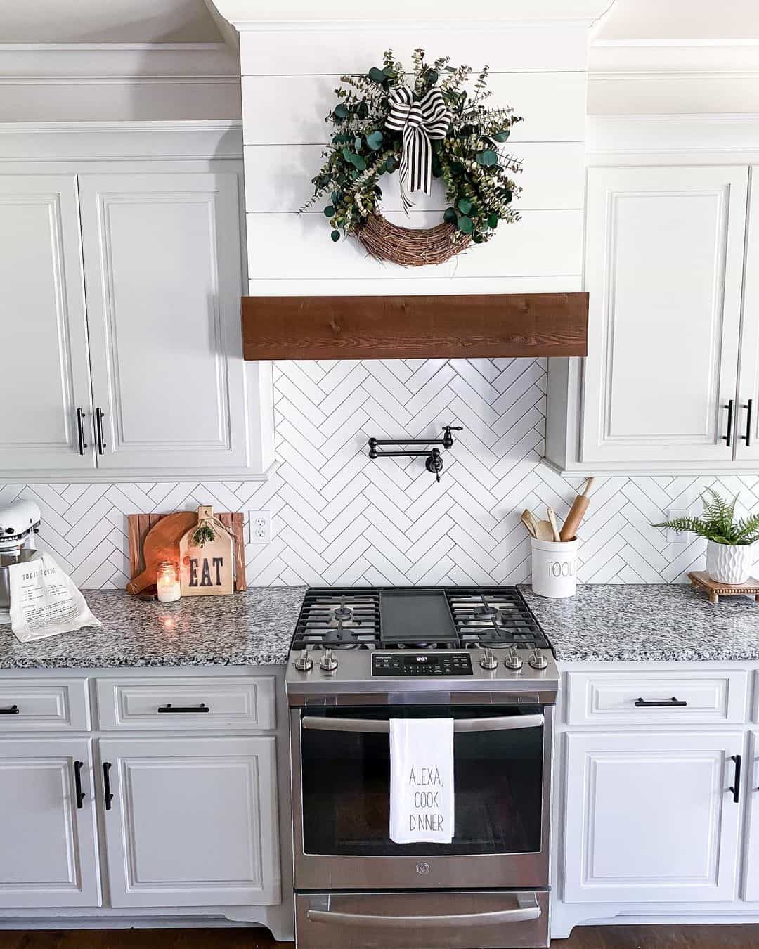 White Subway Tile in Herringbone Pattern