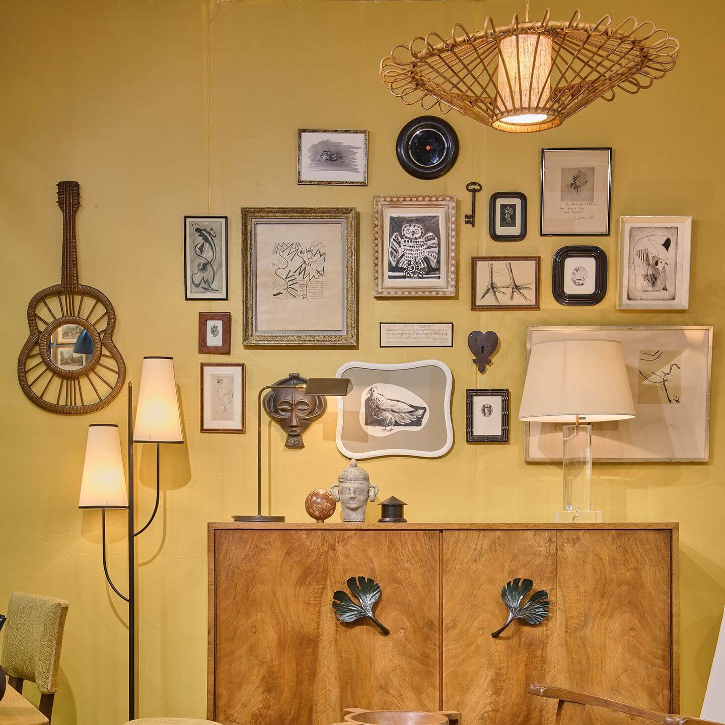 Woven Rattan Guitar Mirror Adds Whimsical Focal Point