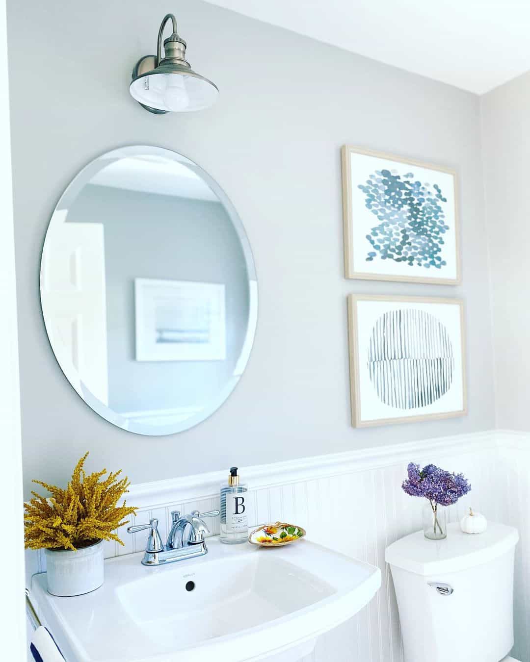 Abstract Art Prints Frame a Serene Bathroom Gallery