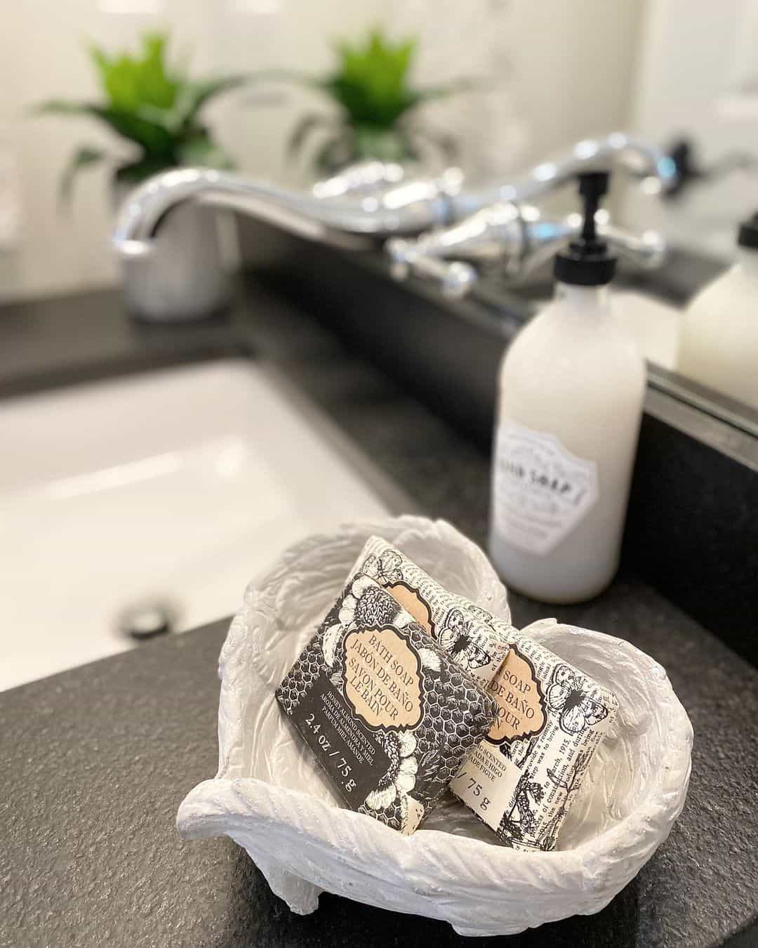 Textured White Dish Holds Packaged Soaps