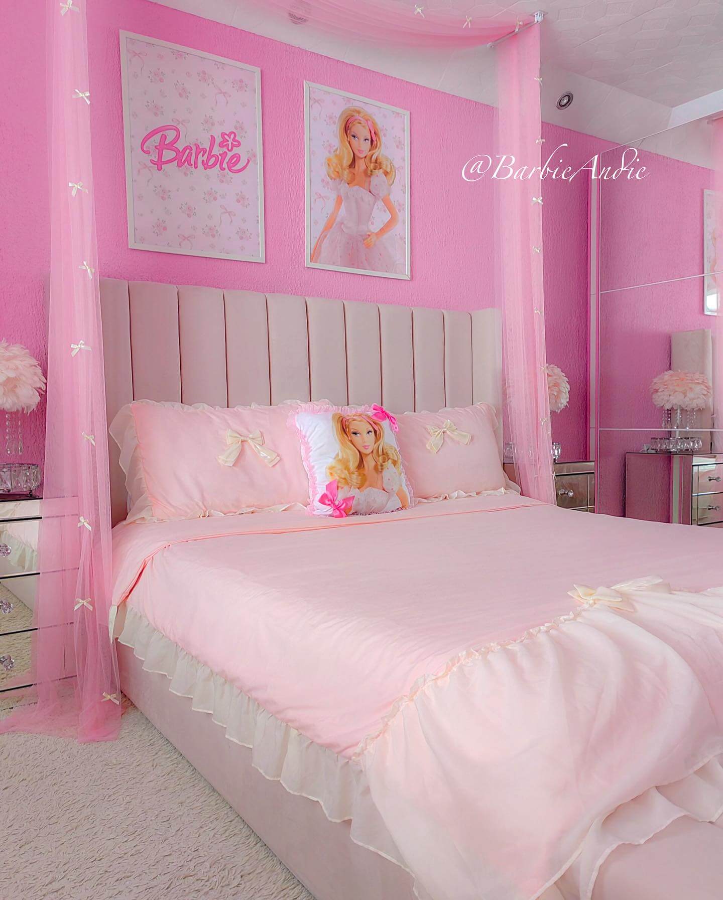 Barbie-Themed Artwork and Canopy Drapes Create a Whimsical Pink Bedroom