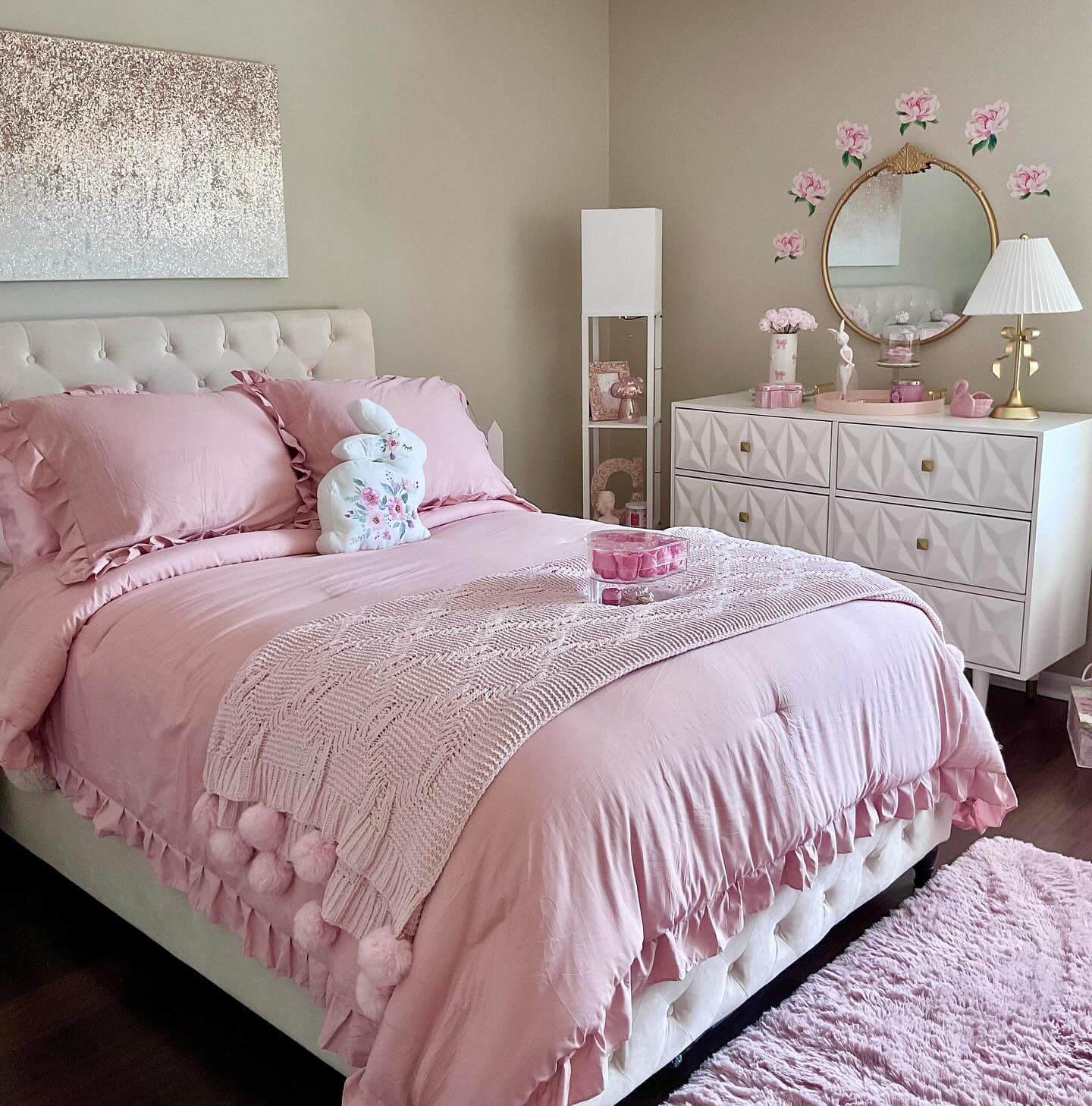 Bunny Pillow Adds Whimsical Touch to Pink Bedding