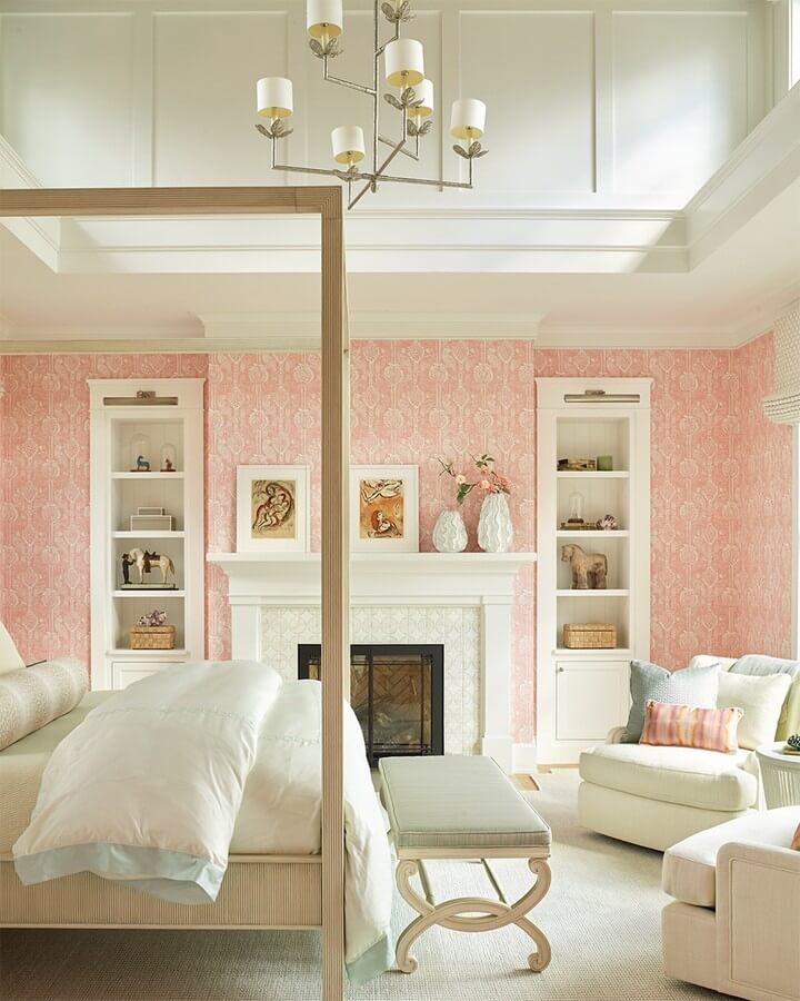 Pink Patterned Wallpaper Adds Whimsy Behind Built-In Shelving