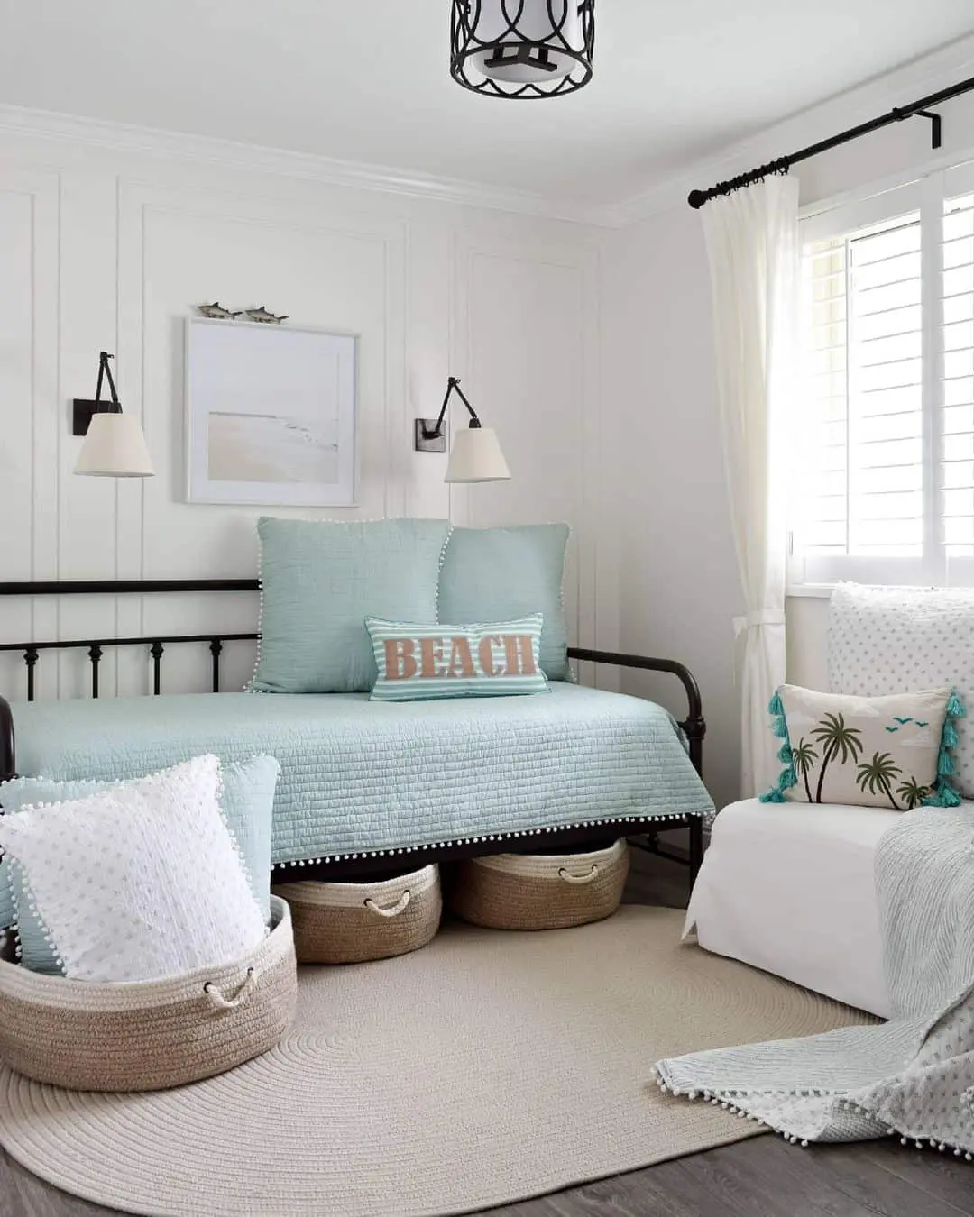 Woven Baskets Store Extra Pillows Under the Daybed