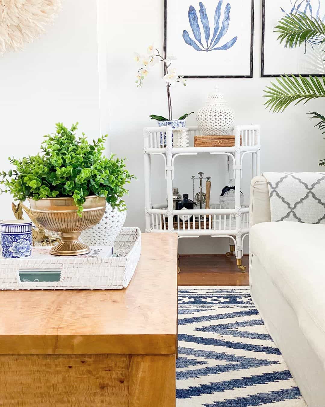 White Rattan Bar Cart Holds Coastal Barware and Decor