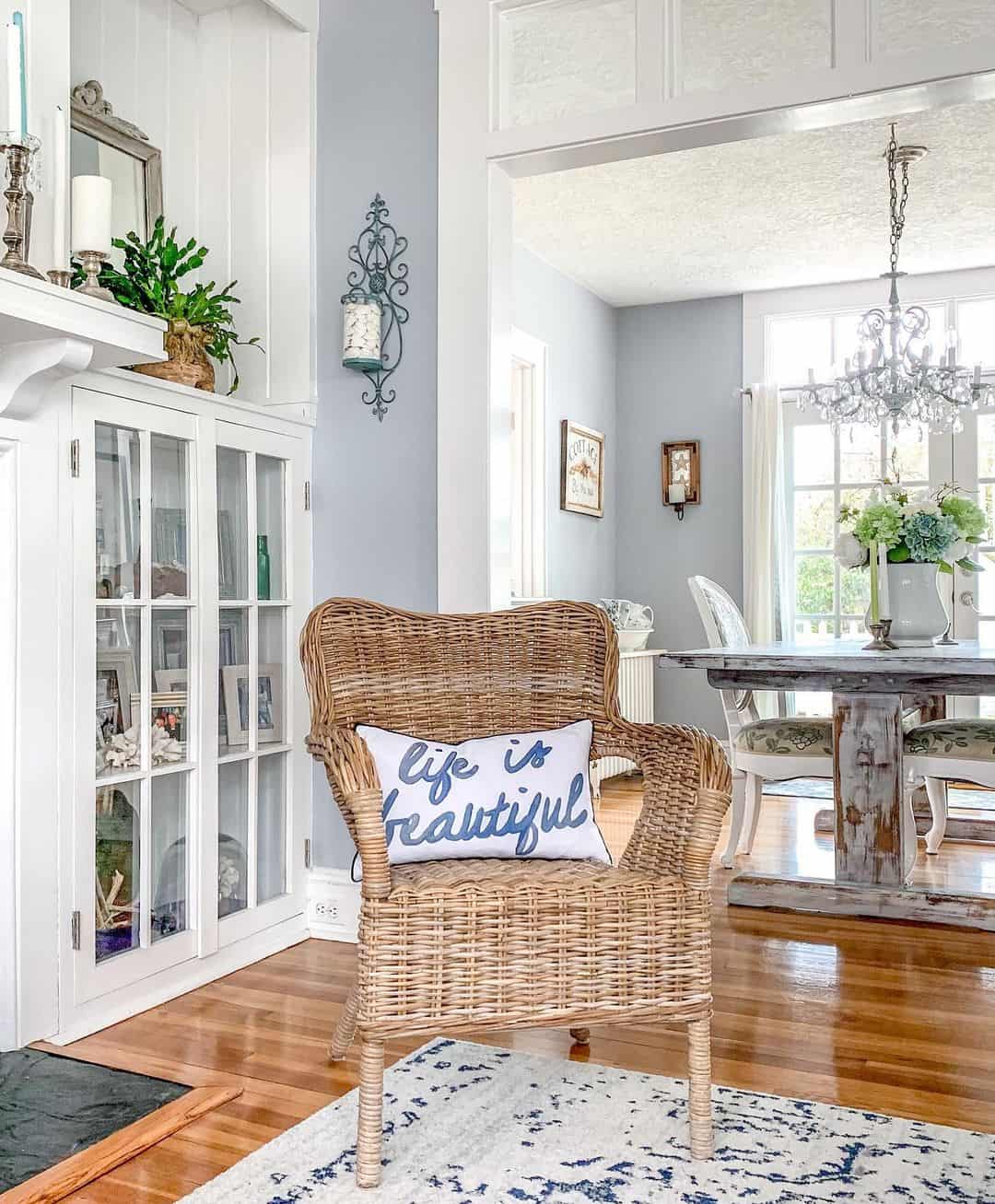 Wicker Armchair Holds a "Life is Beautiful" Lumbar Pillow