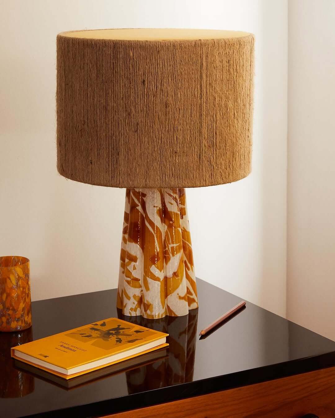 Textured Jute Shade Lamp Adds Organic Warmth to a Glazed Base