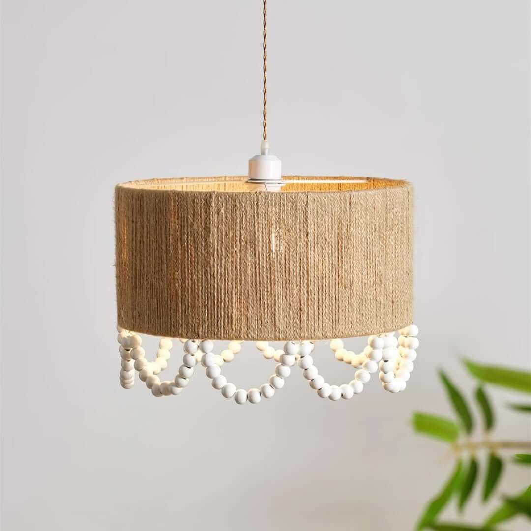 Jute Drum Pendant with Scalloped White Beaded Trim