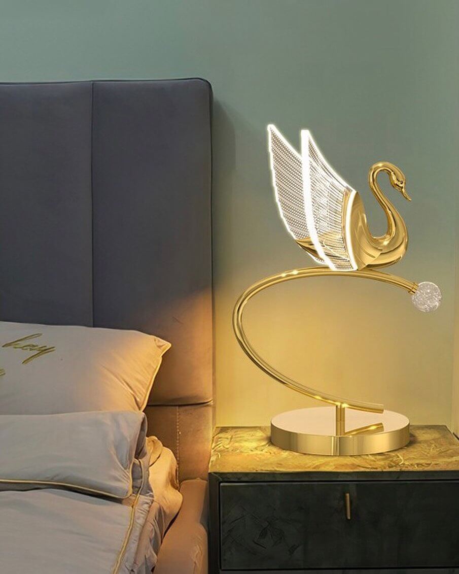 Golden Swan Lamp with Feathered Wings Adds Glamour
