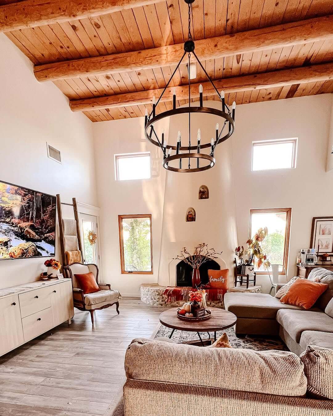 Tall Ladder Displays Throws and Pillows for Cozy Seating