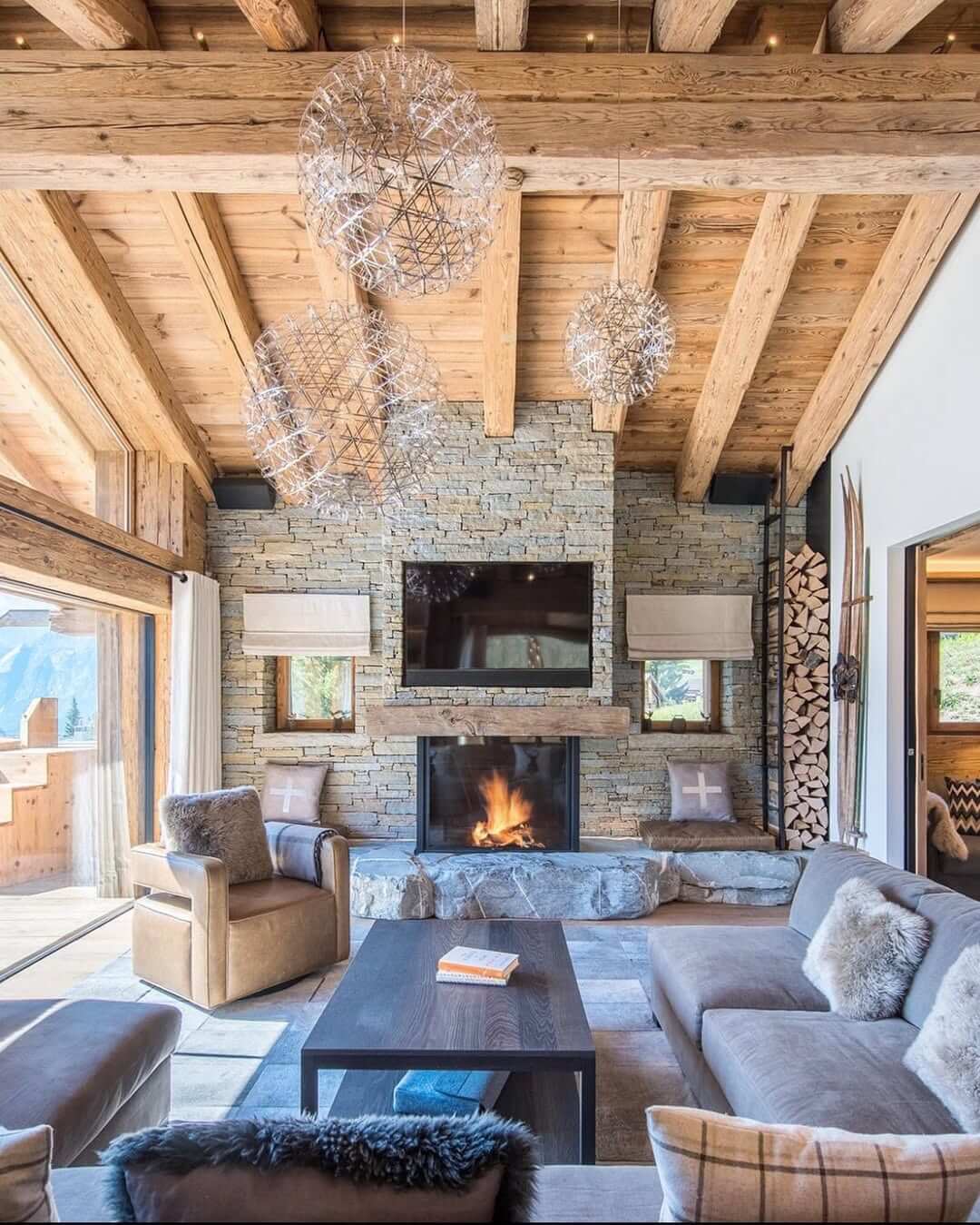 Incorporate Geometric Pendant Lights with Wood Beams