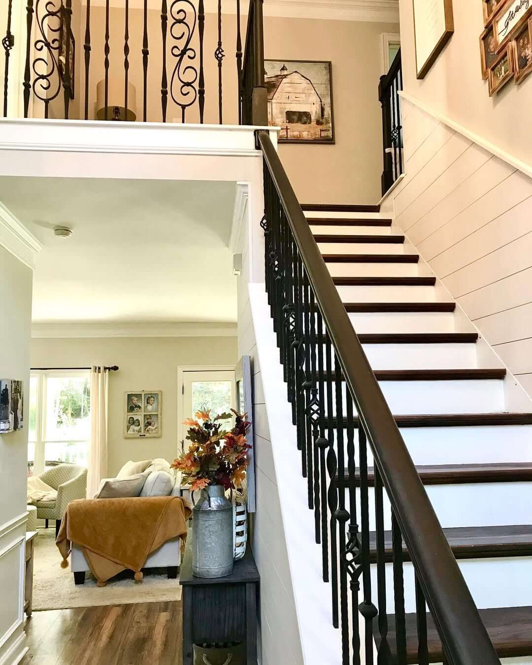 Contrast Shiplap Walls with Ornate Black Balusters