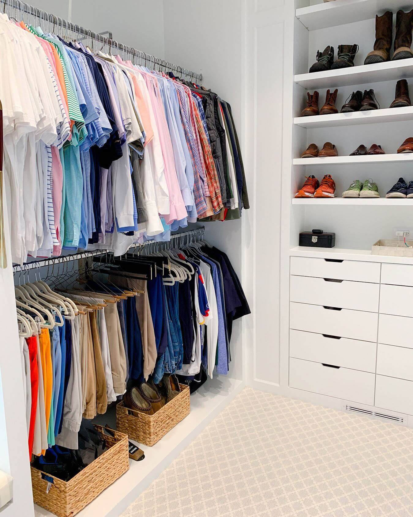 Contain Casual Shoes in Woven Baskets on Lower Shelves