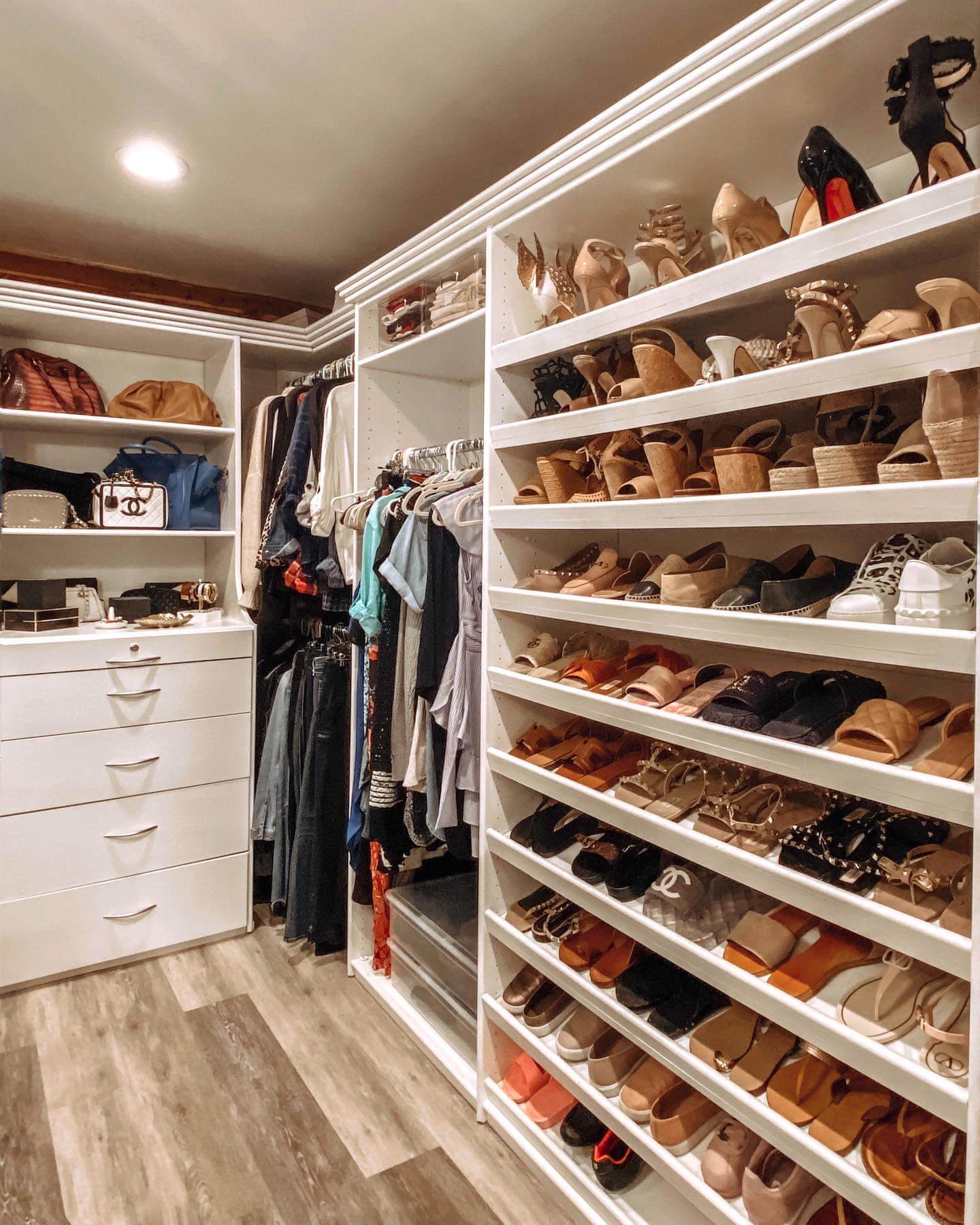 Tiered Shelving Displays Shoes in a Closet