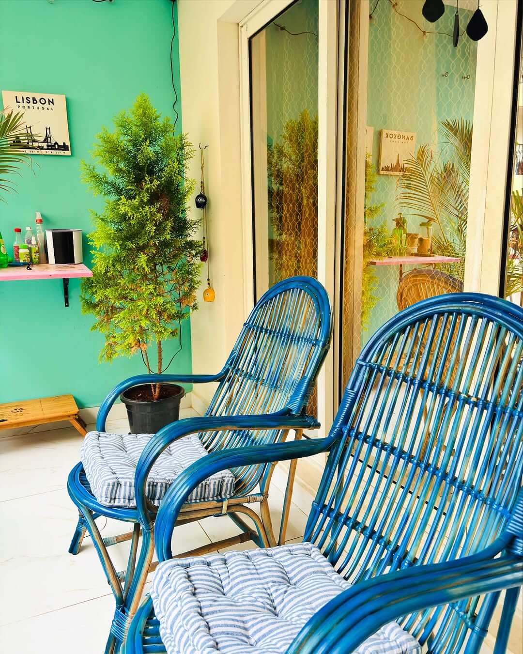 Incorporate Color with Bright Blue Rattan Chairs