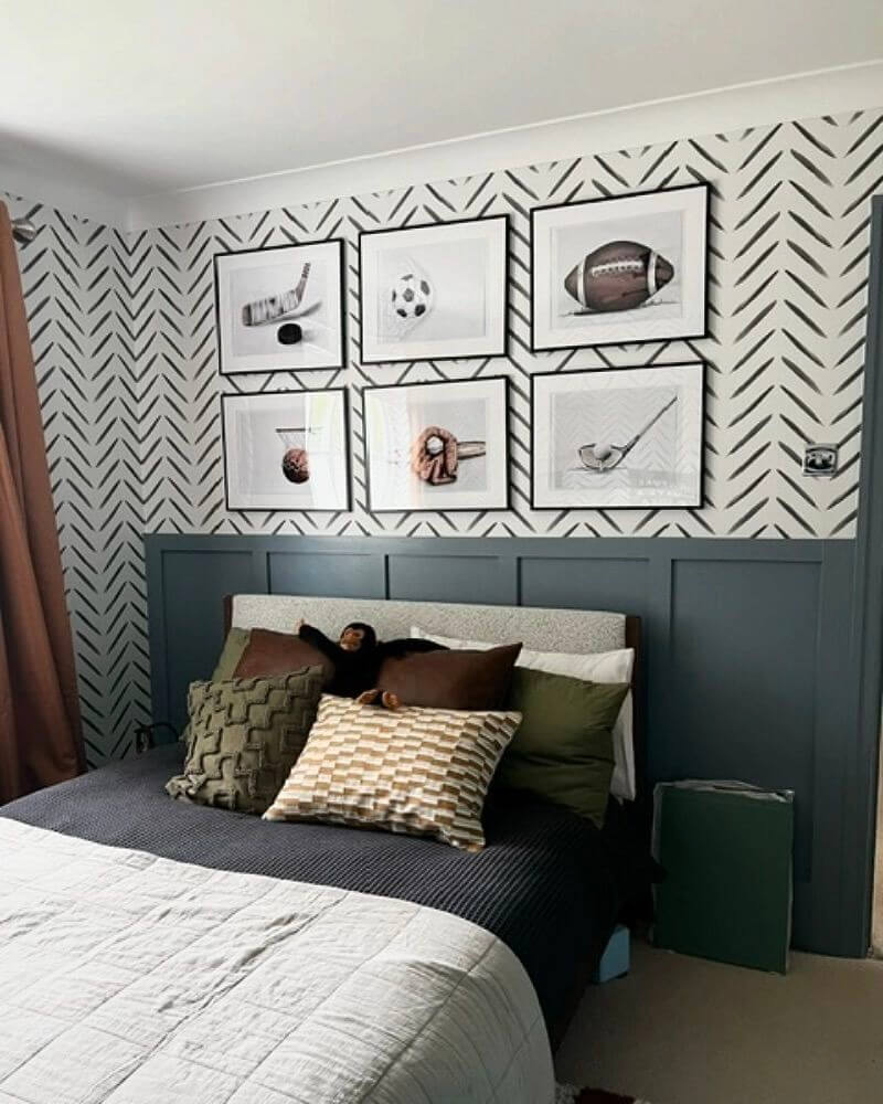 Framed Sports Photos Add Personal Flair Above the Bed