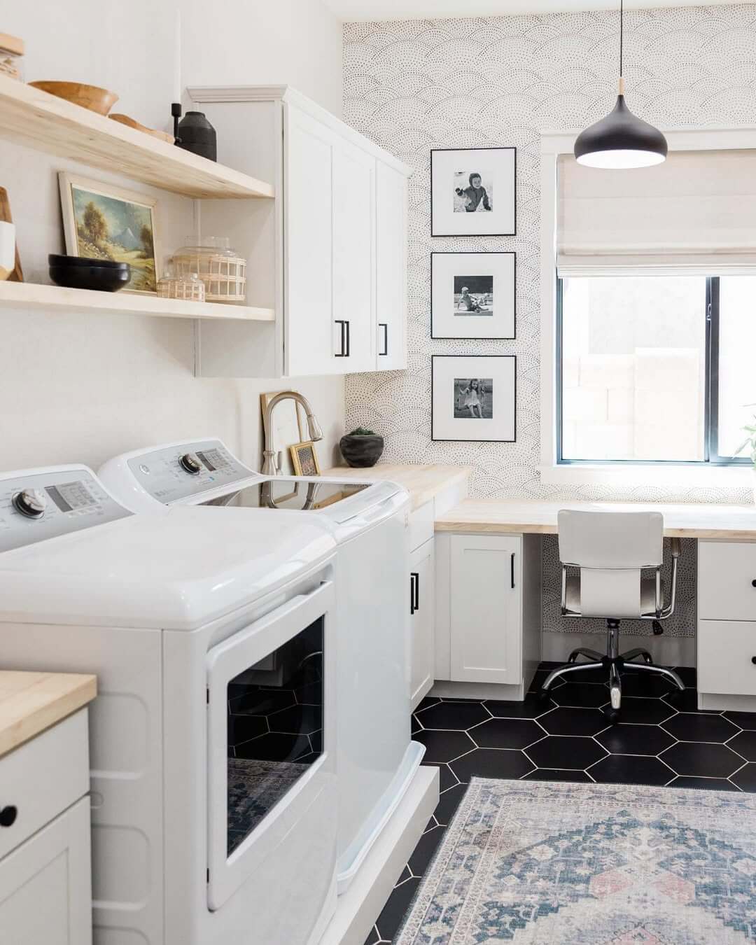 Three Framed Photos Add Personal Style Above a Laundry Room Desk