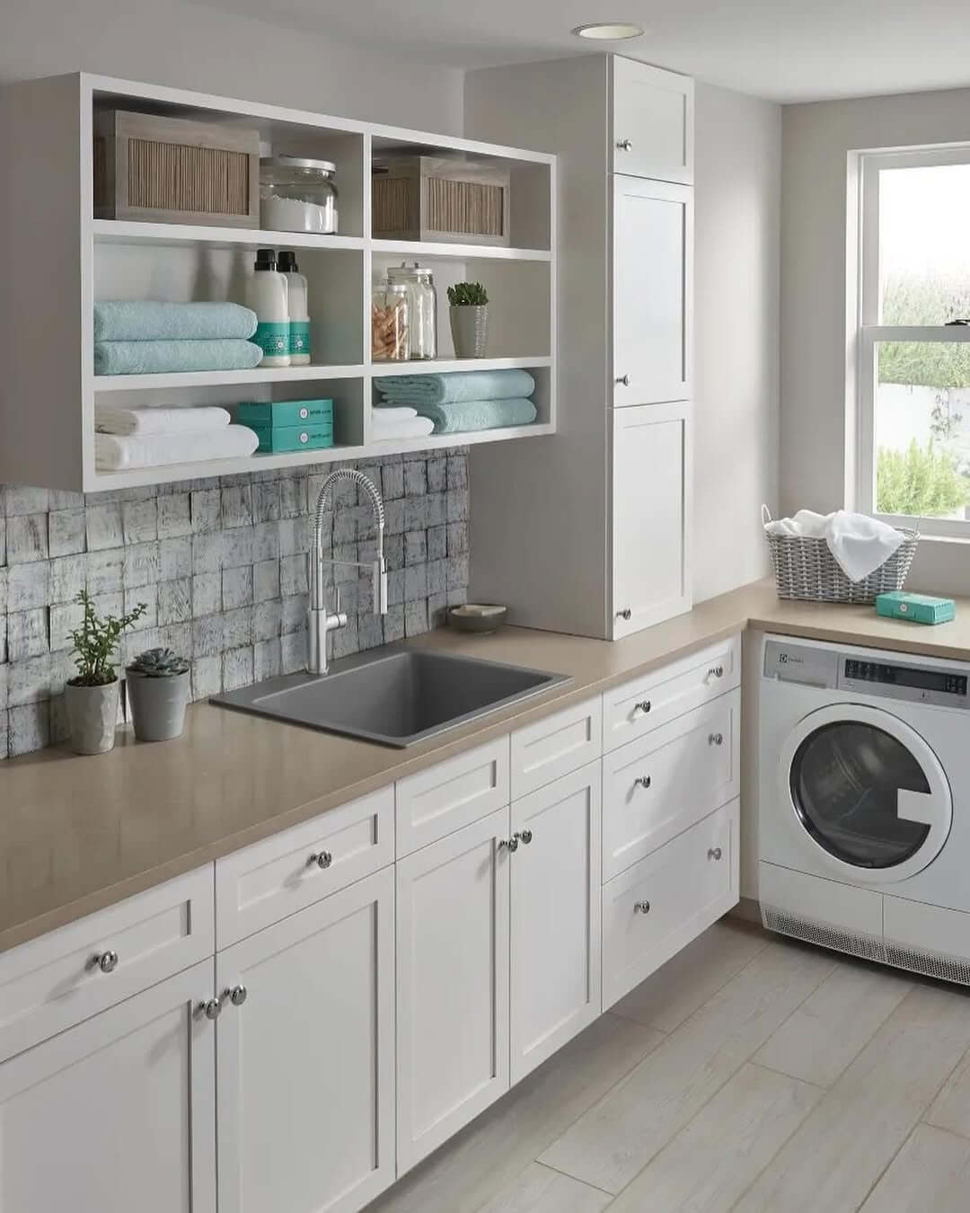 Open Shelving Above Countertop Stores Towels and Supplies