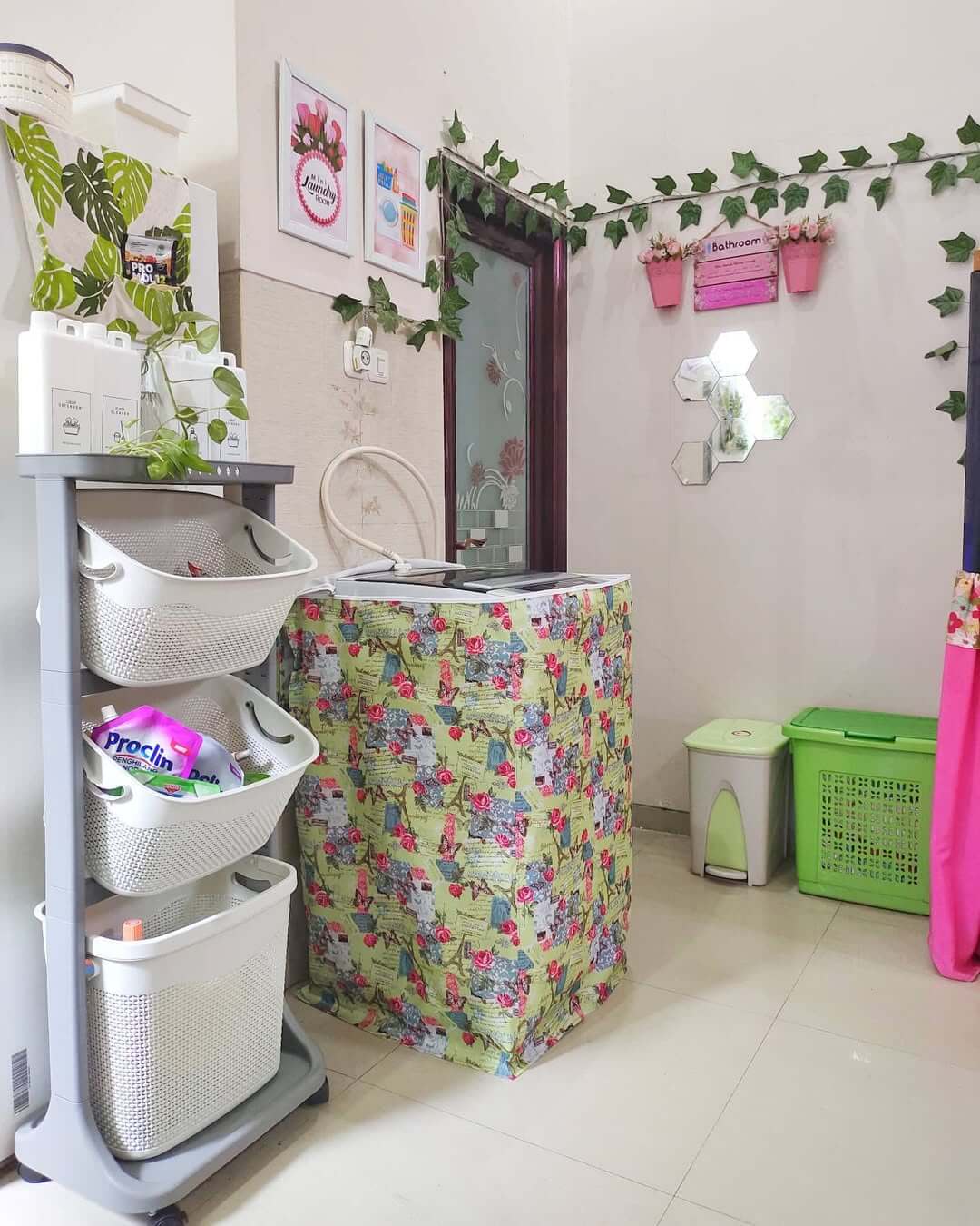 Rolling Cart With Three Baskets Stores Laundry Essentials