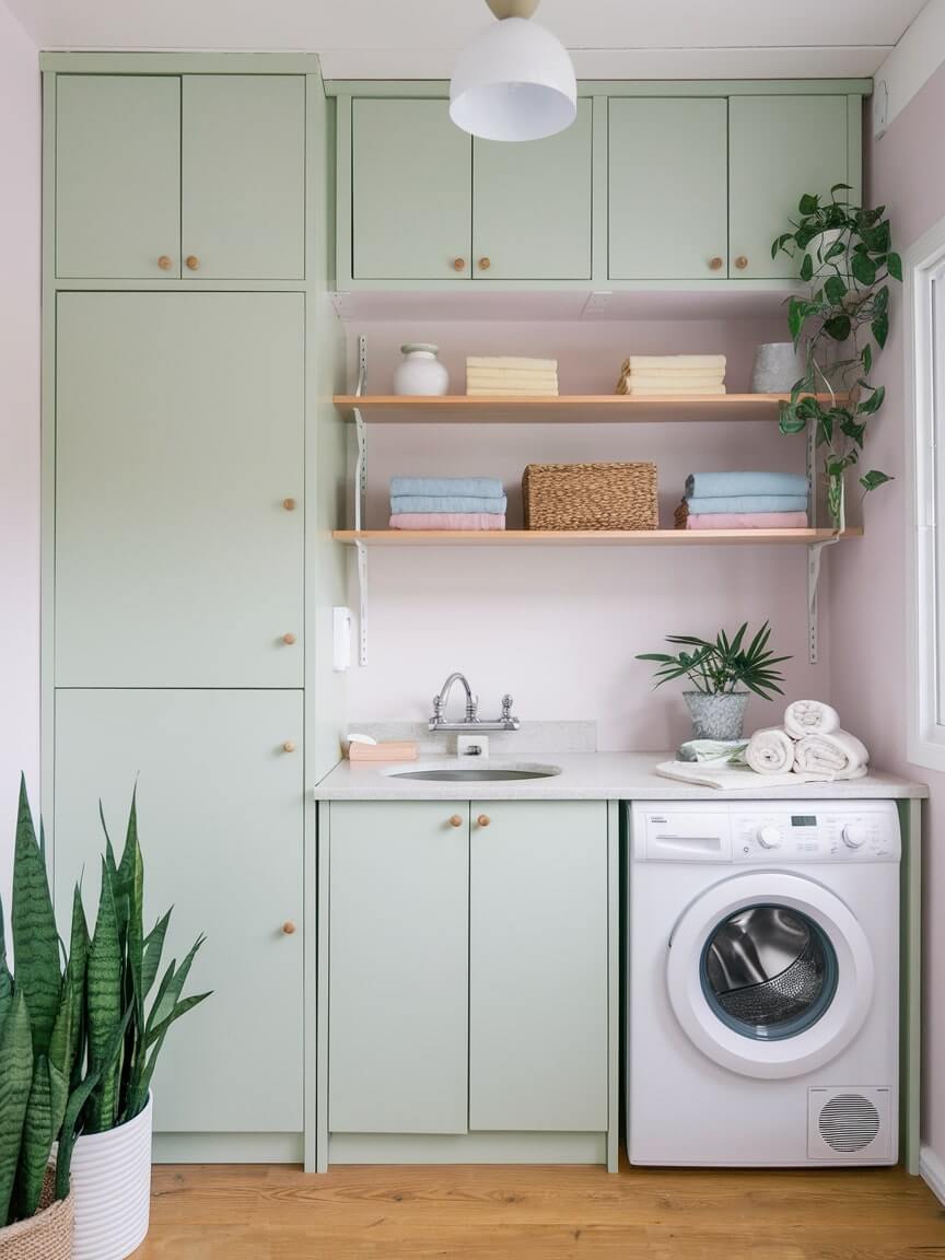 Sage Green Cabinets With Natural Wood Knobs Offer Hidden Storage