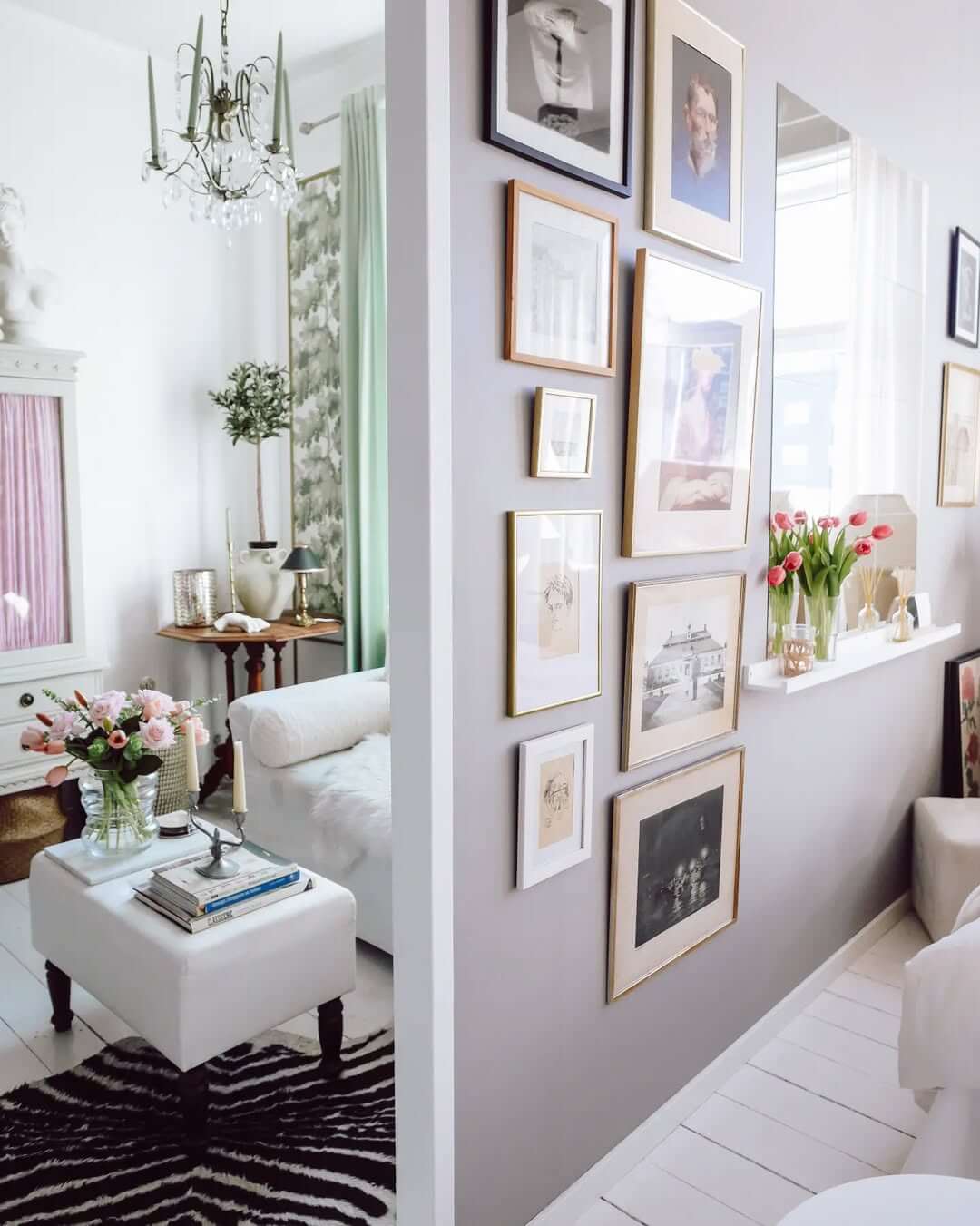 Gallery Wall Adds Vertical Interest Above Narrow Shelf