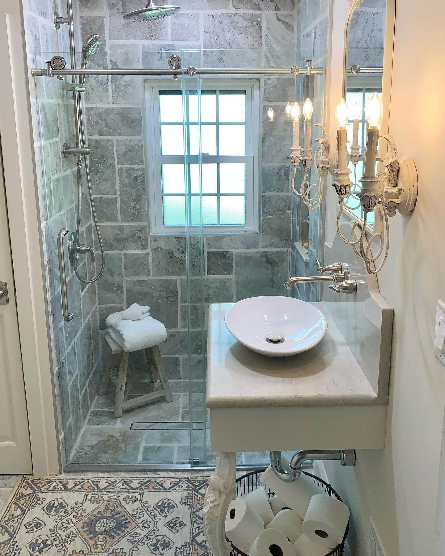 Wooden Stool Adds a Rustic Touch to Shower Space