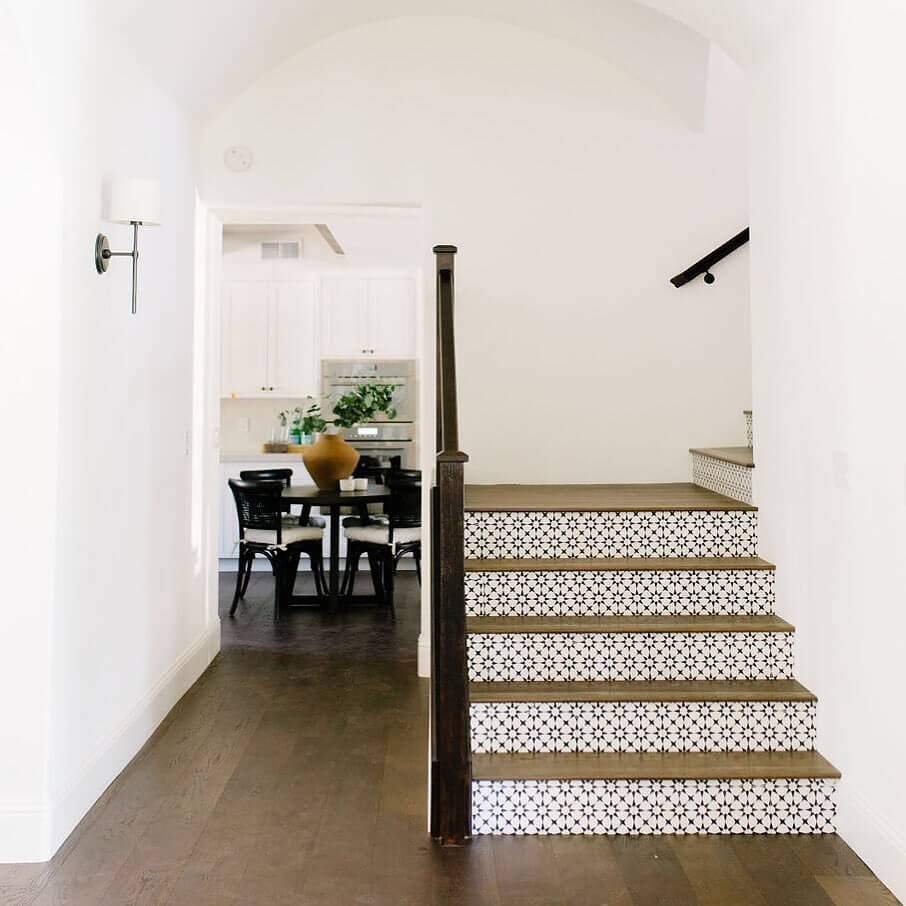 Small Star Pattern Tiles for a Graphic Stair Riser Look