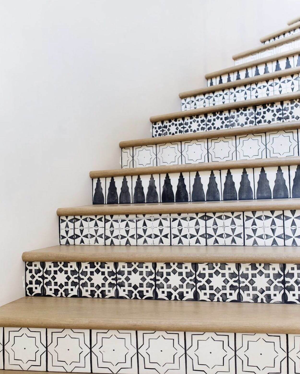 Varied Geometric Tile Patterns Create Stair Riser Art