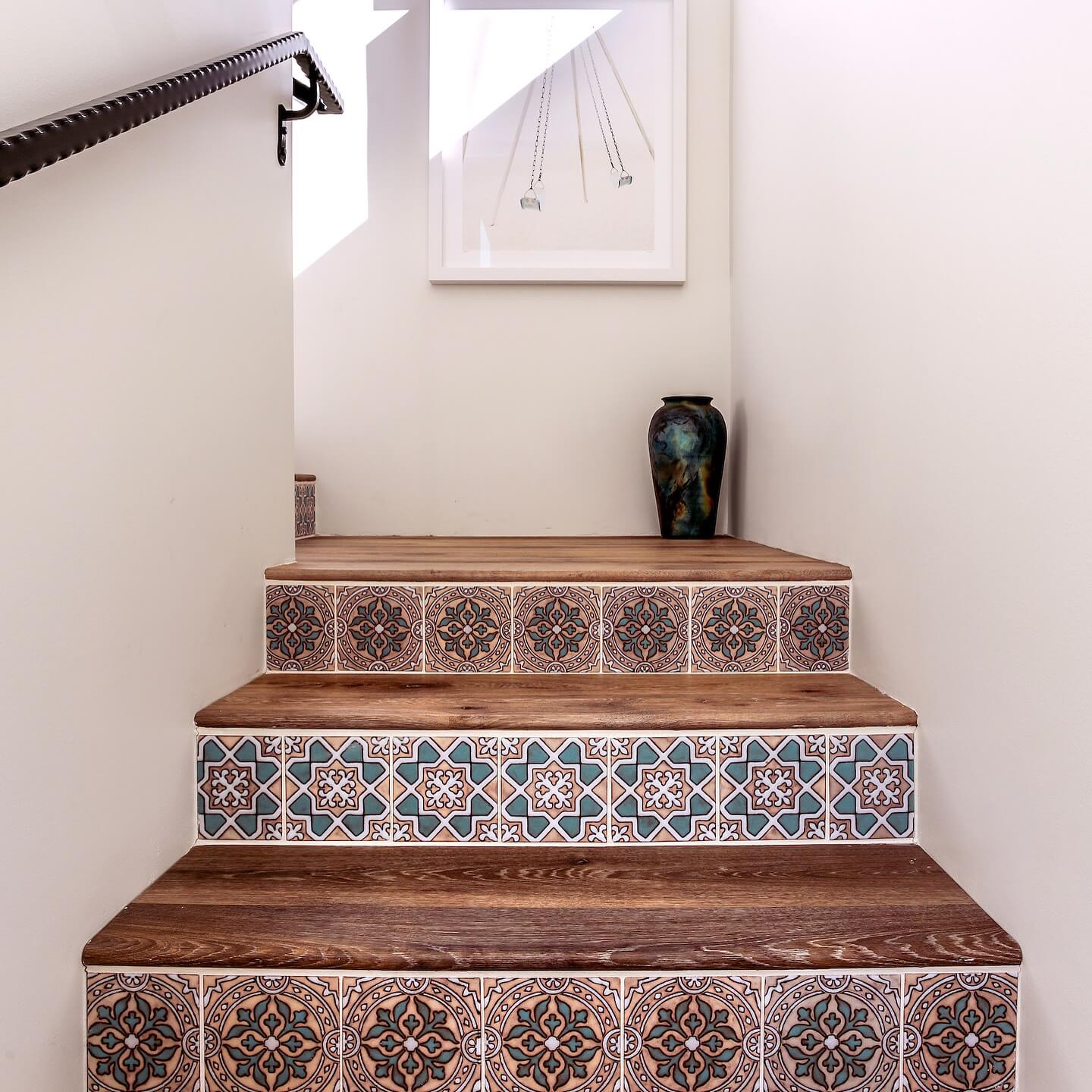 Alternating Tile Patterns Frame Wood Stair Treads