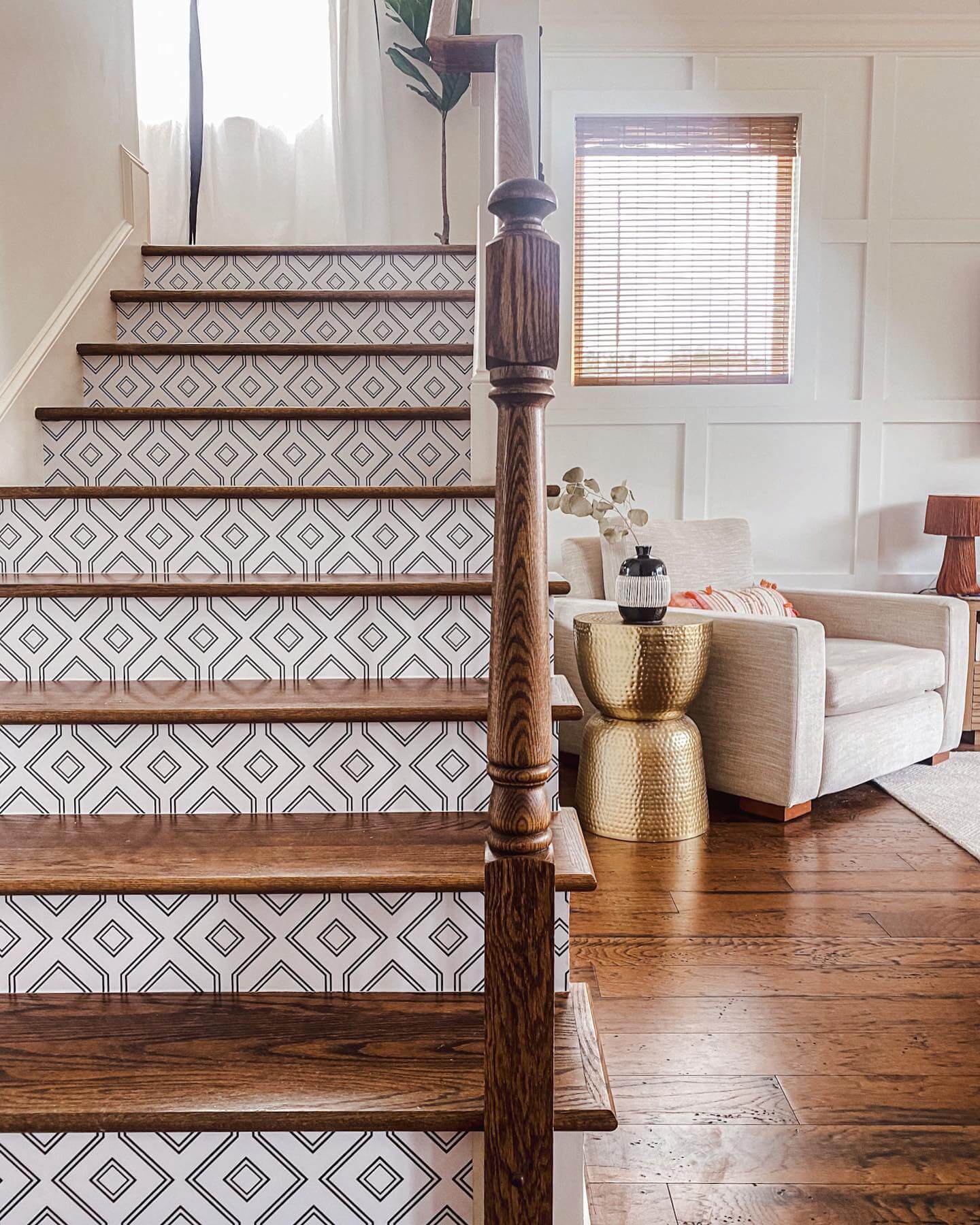 Geometric Patterned Risers Add Graphic Interest to Wood Stairs