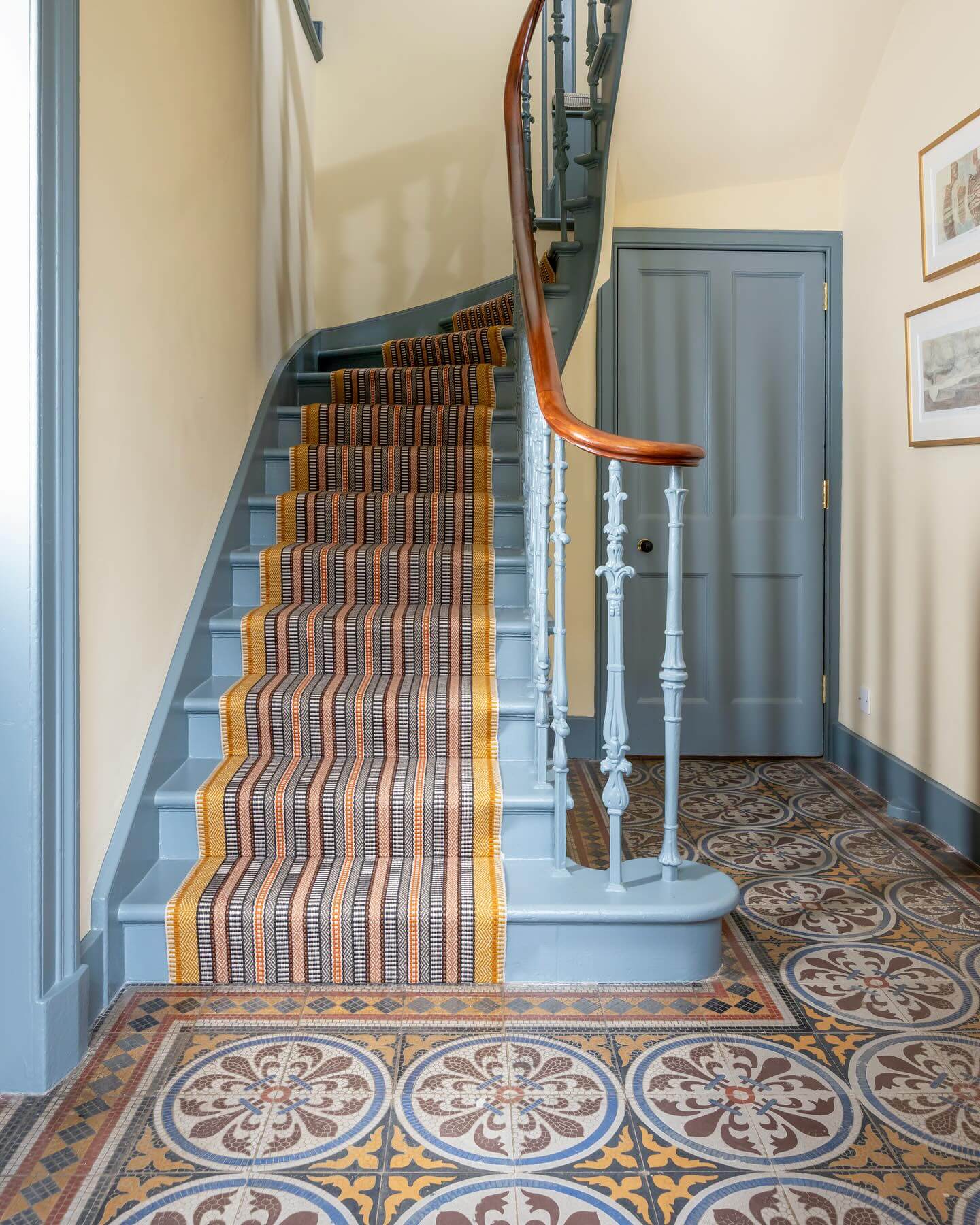 Striped Stair Runner With Yellow Border Adds Warmth