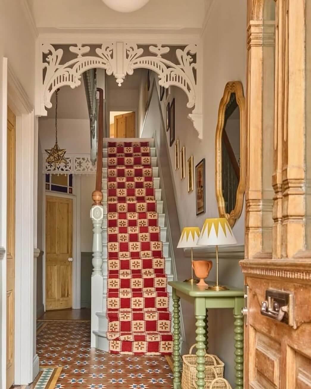 Red and Cream Checkerboard Runner Adds Graphic Punch to Stairs