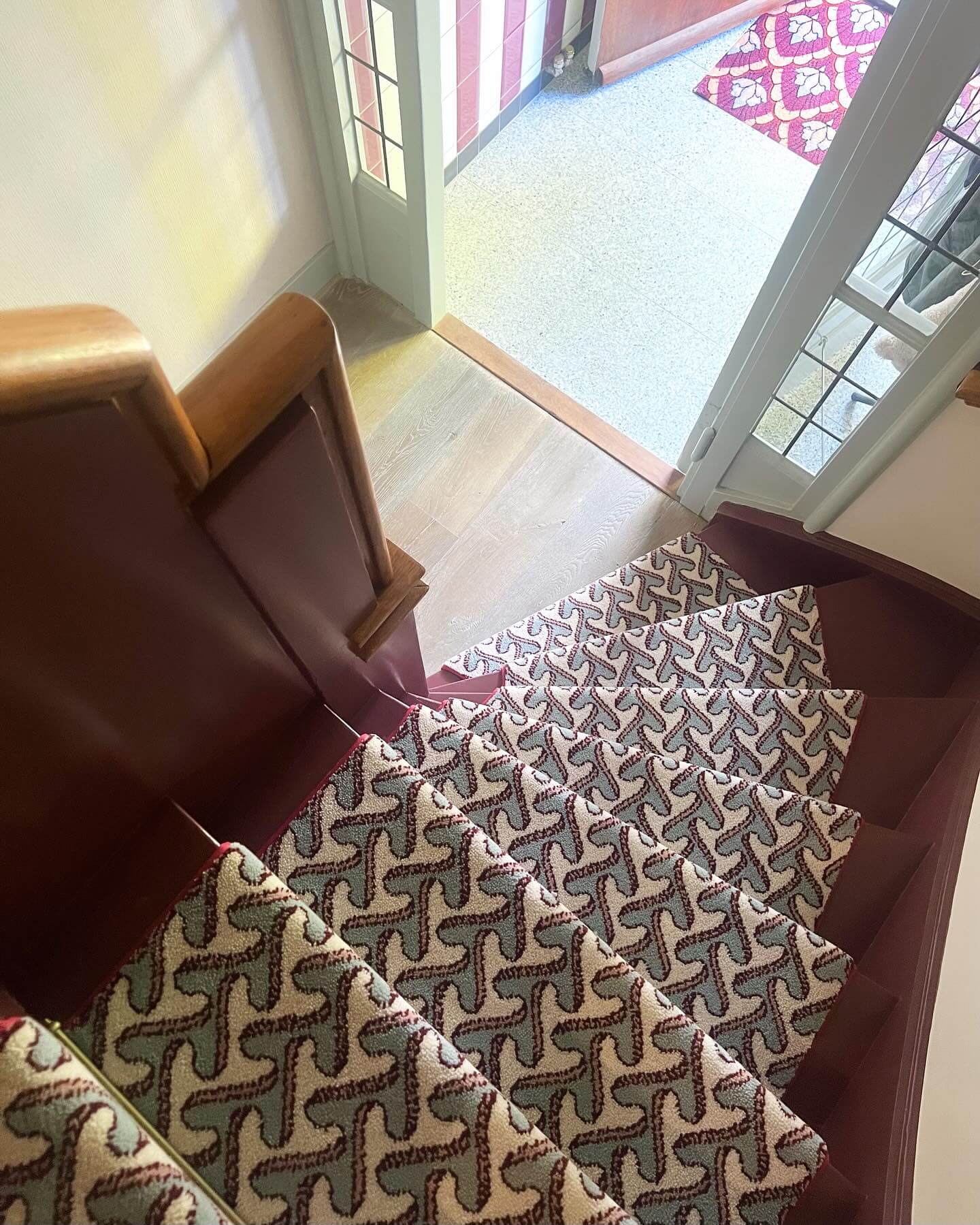 Geometric Stair Runner in Muted Teal and Burgundy