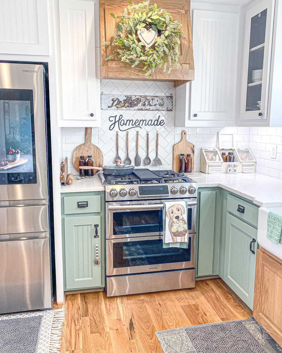 Farmhouse Charm with White Tile and Wood Hood
