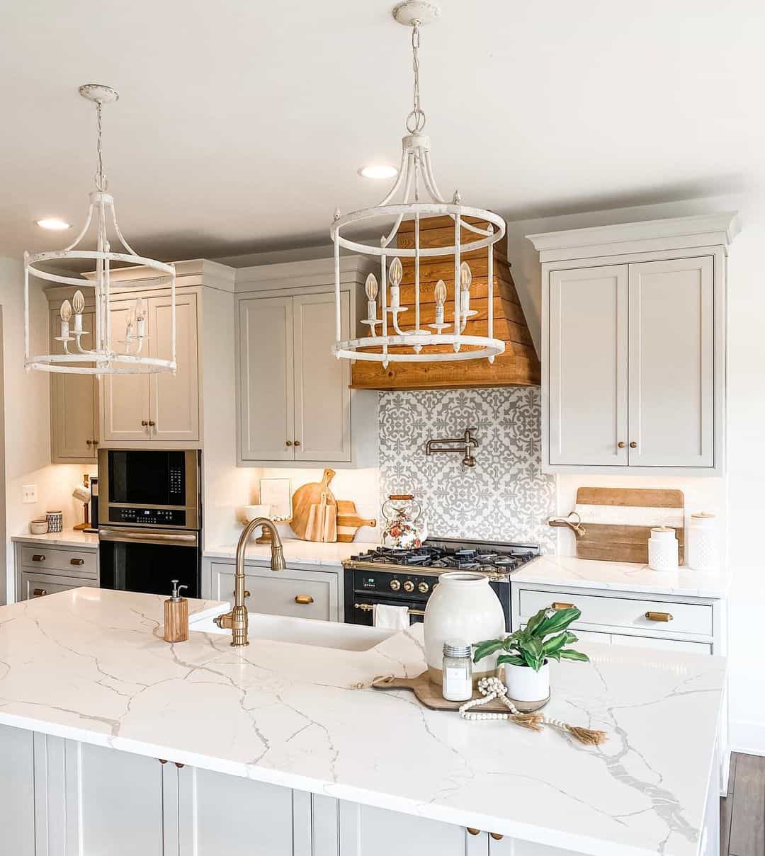 Patterned Tile Backsplash With a Natural Wood Range Hood