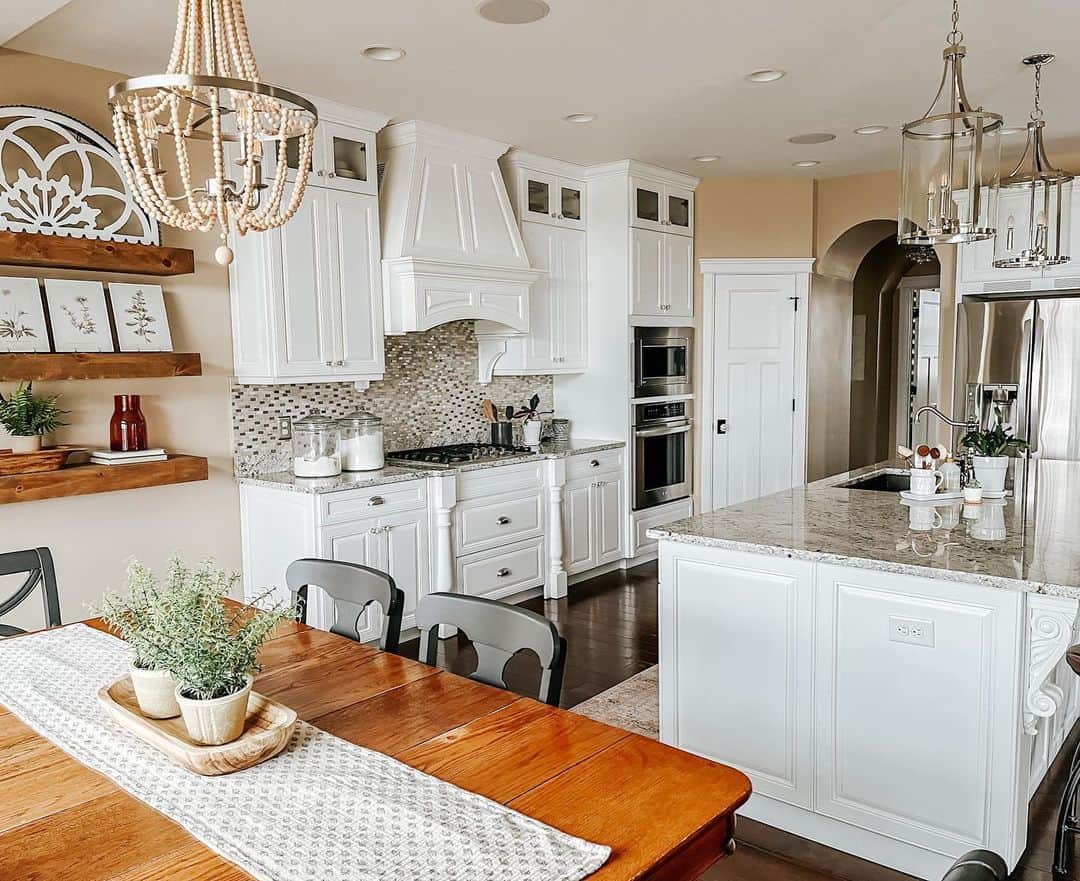 Mosaic Tile Backsplash Adds Sparkle to White Cabinets