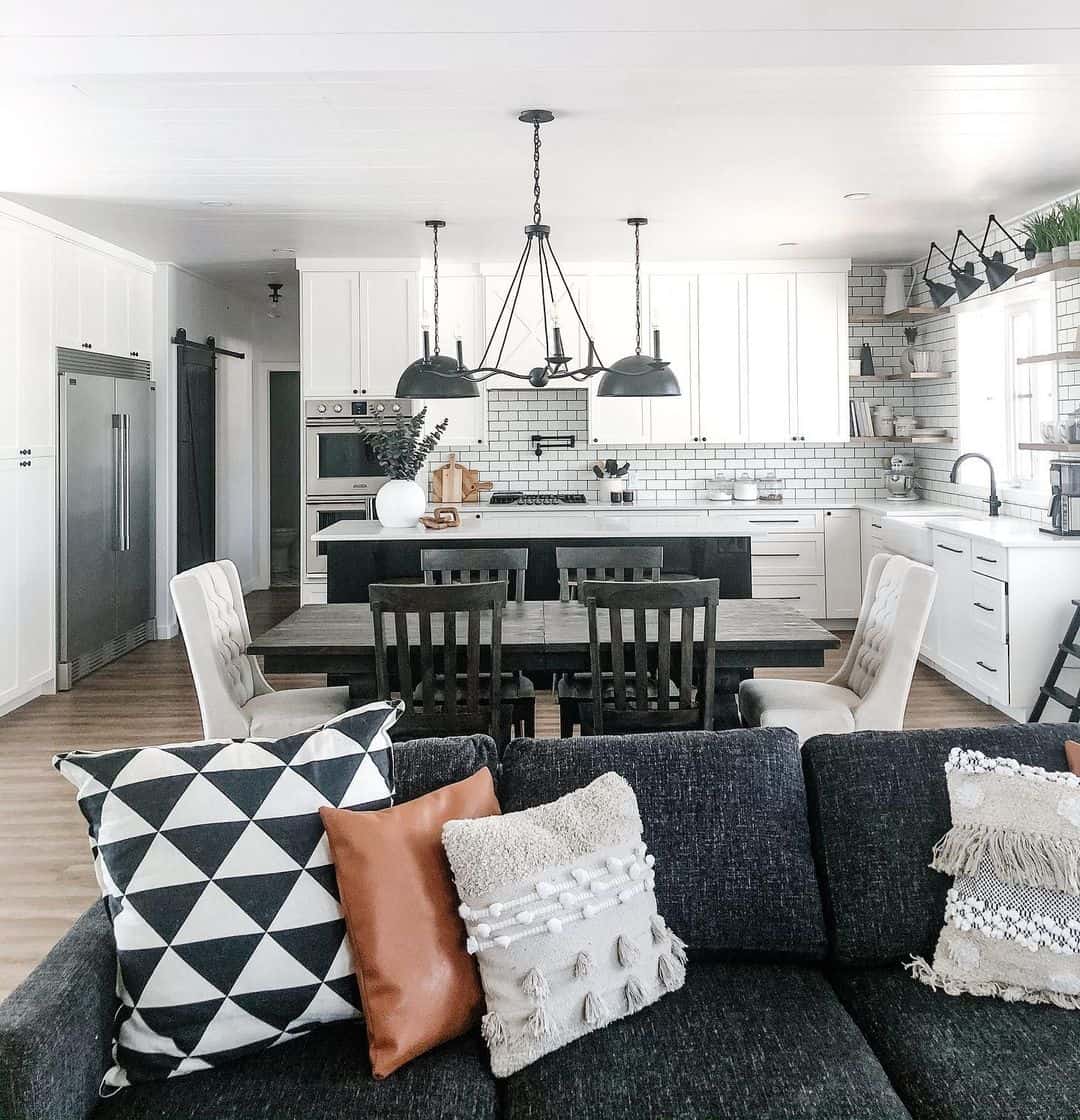 White Subway Tile With Industrial Pendant Lights