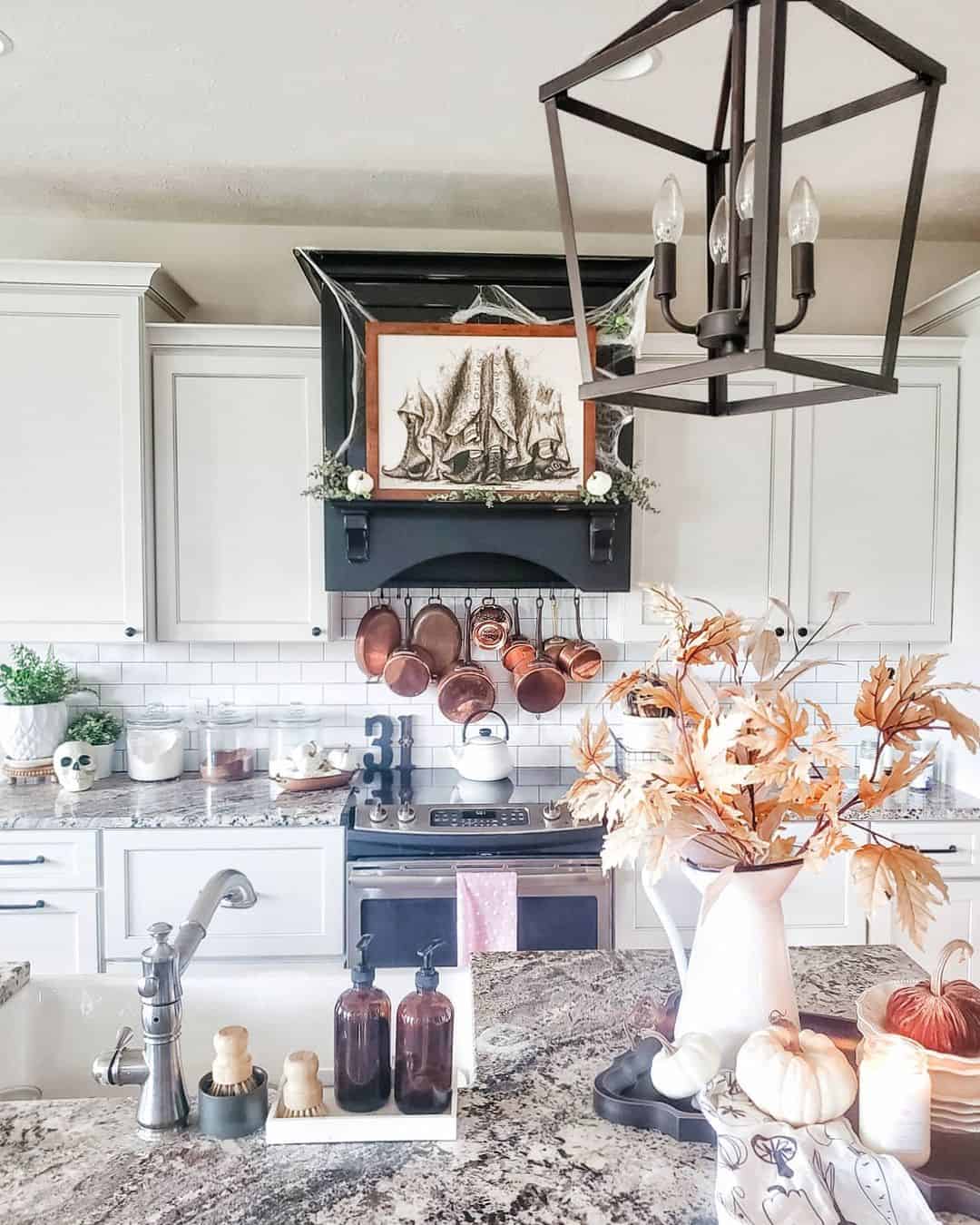 Hanging Copper Pots Add Warmth Above the Stove