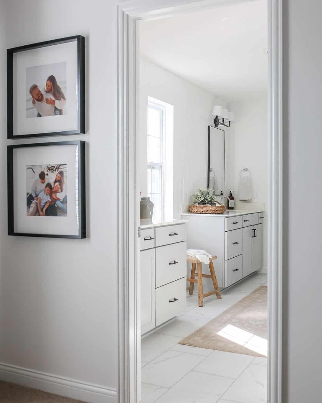White Bathroom Cabinets with Minimalist Black Knobs