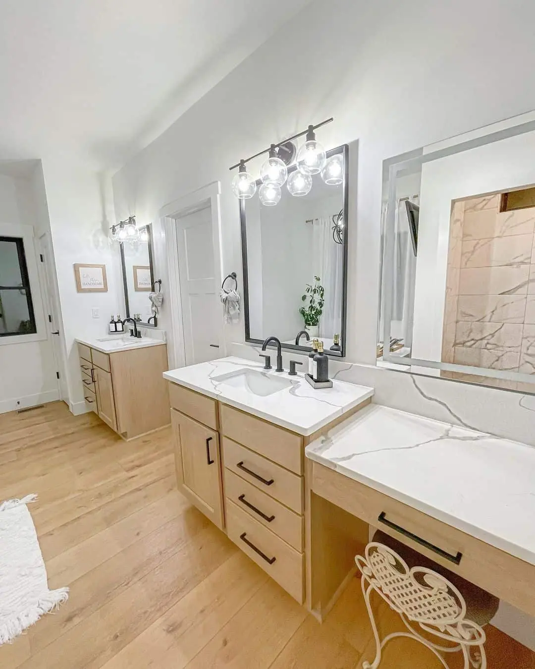 Light Wood Vanity Features Integrated Makeup Station