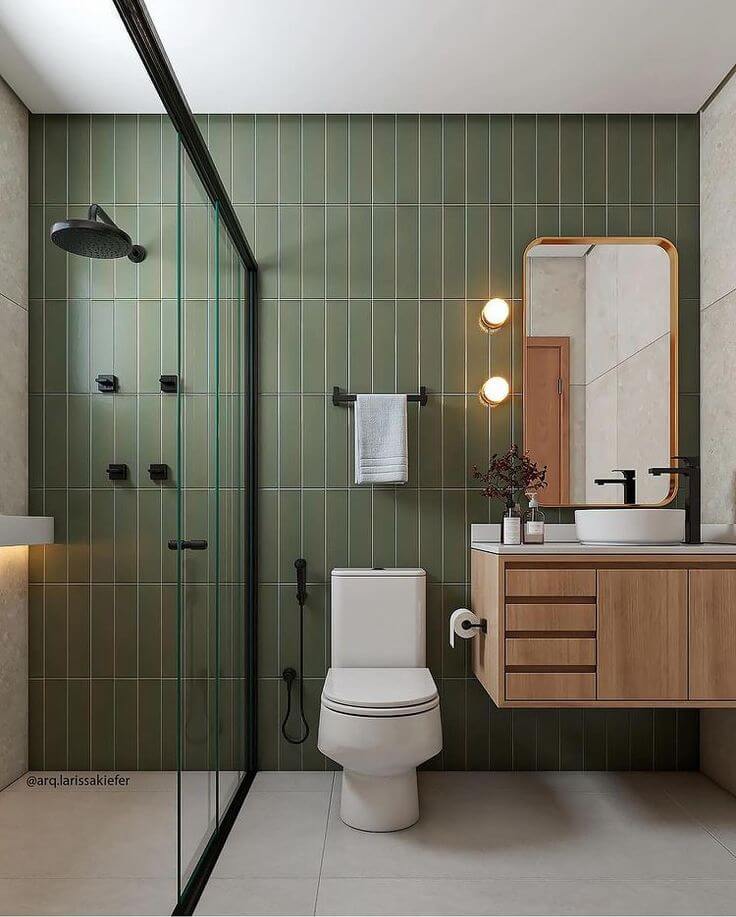 Vertical Green Tiles Create an Elongated Shower Enclosure