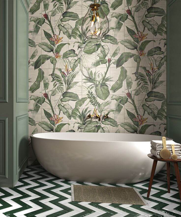 Bold Green and White Chevron Floor Tiles Add Graphic Punch
