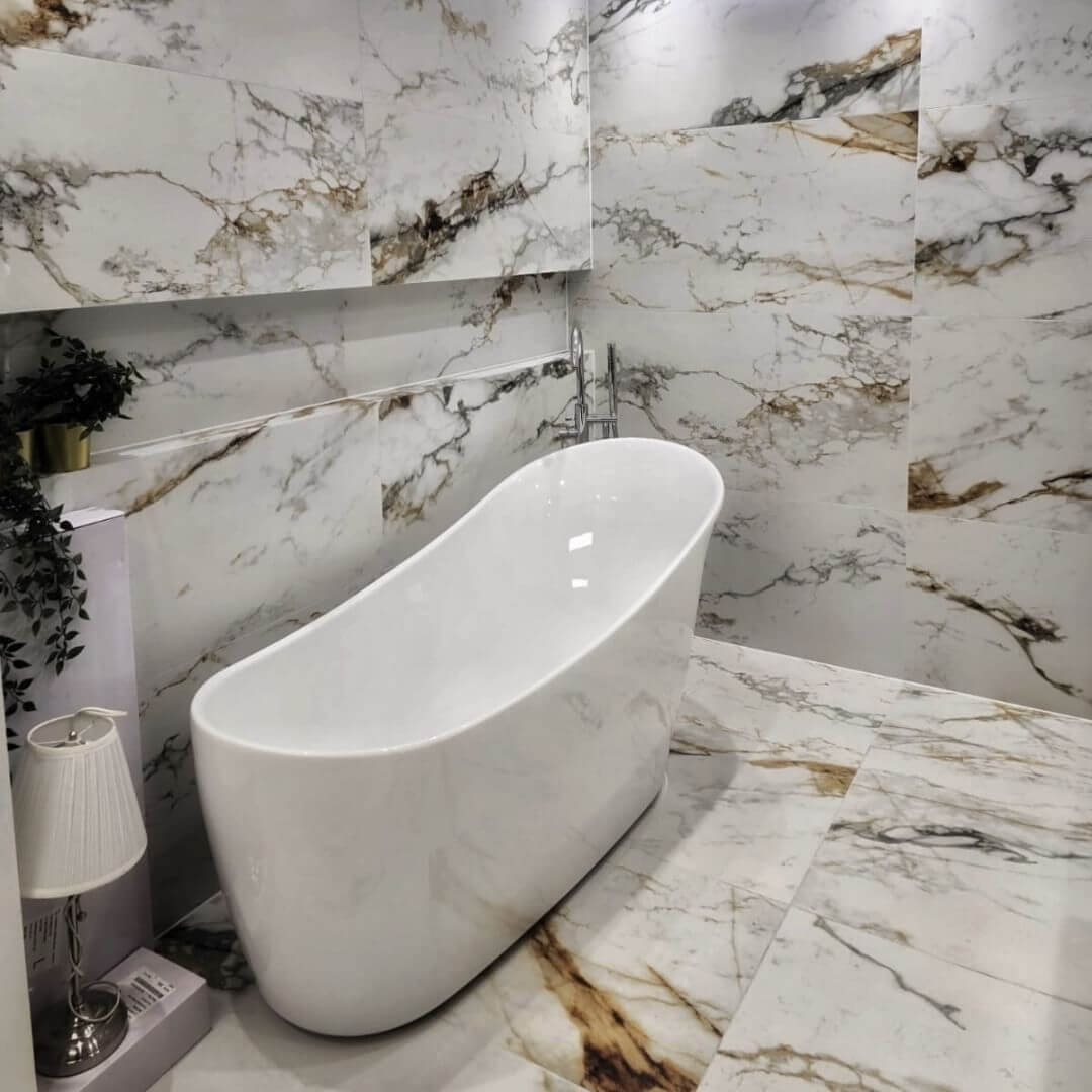 Bold Veining on Marble-Look Tiles Creates a Dramatic Focal Point