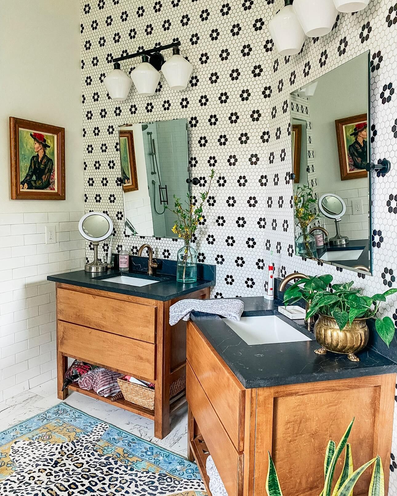Hexagon Tile Wallpaper With Black Flower Motifs Adds Graphic Punch