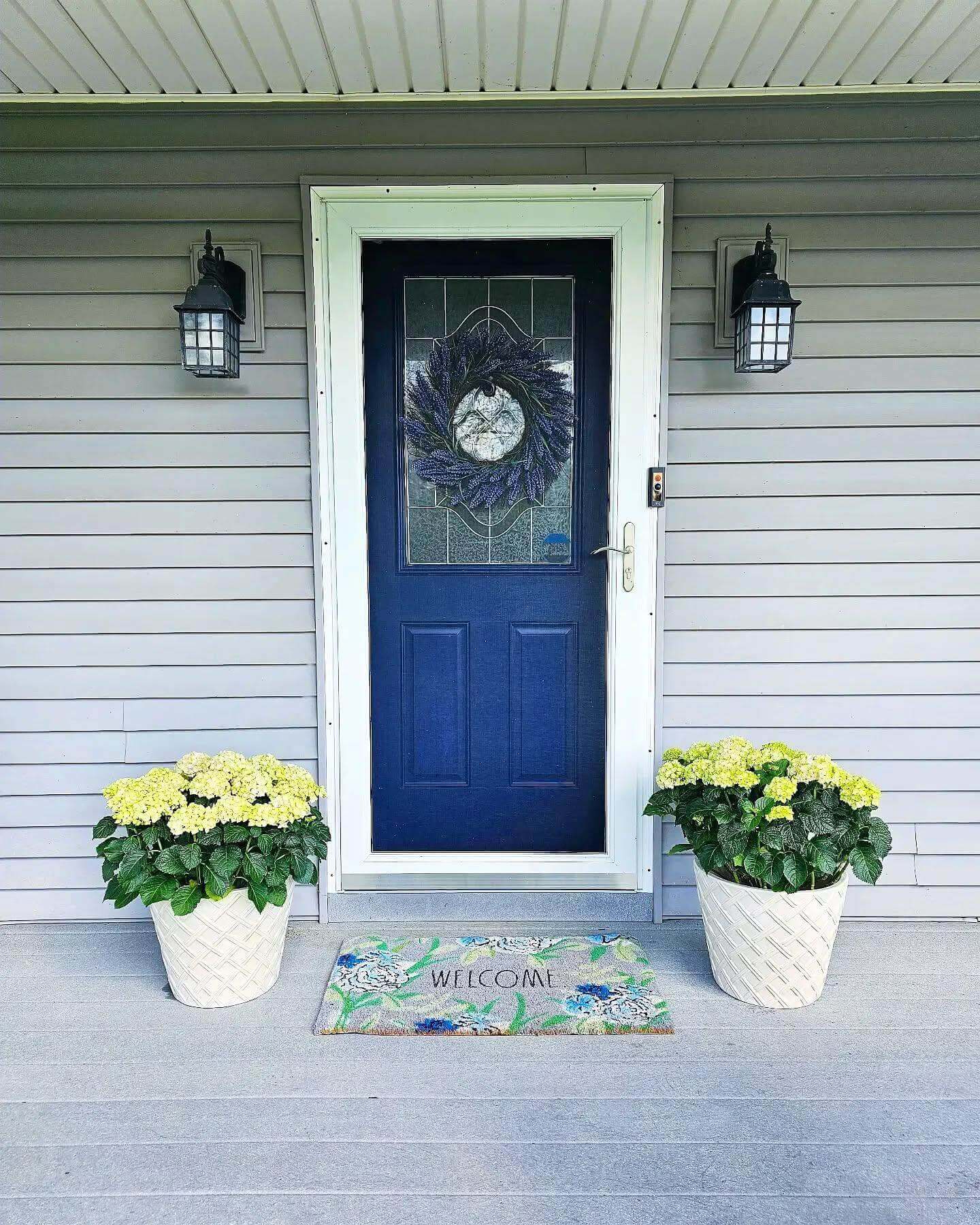 Brighten a Deep Blue Door with Yellow Hydrangeas