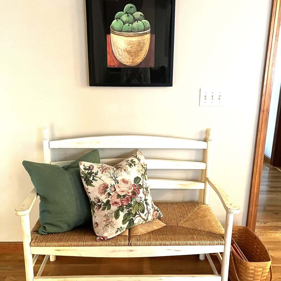 Floral Pillow Adds Romantic Texture to Woven Bench