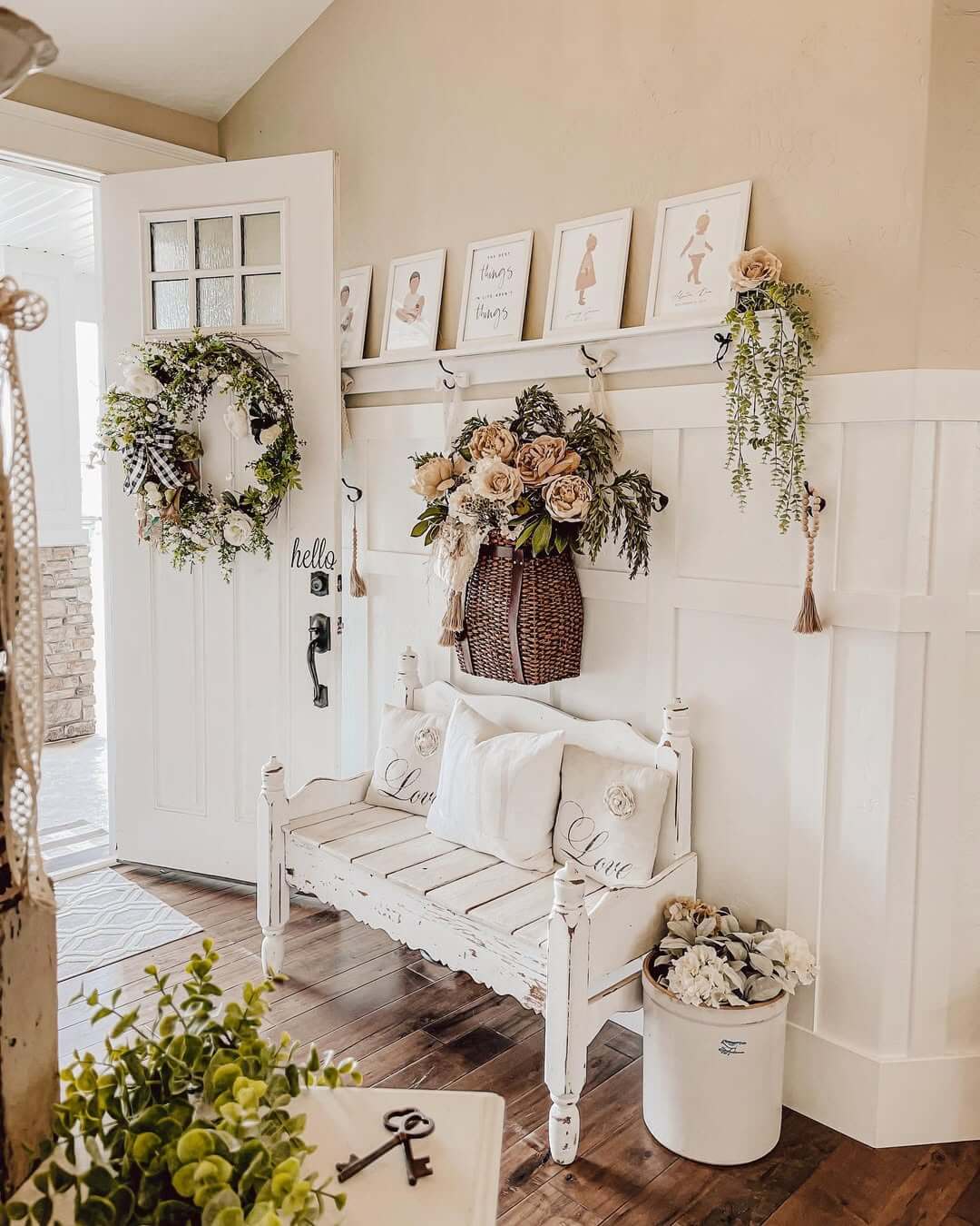 Incorporate a Distressed White Bench for Vintage Charm