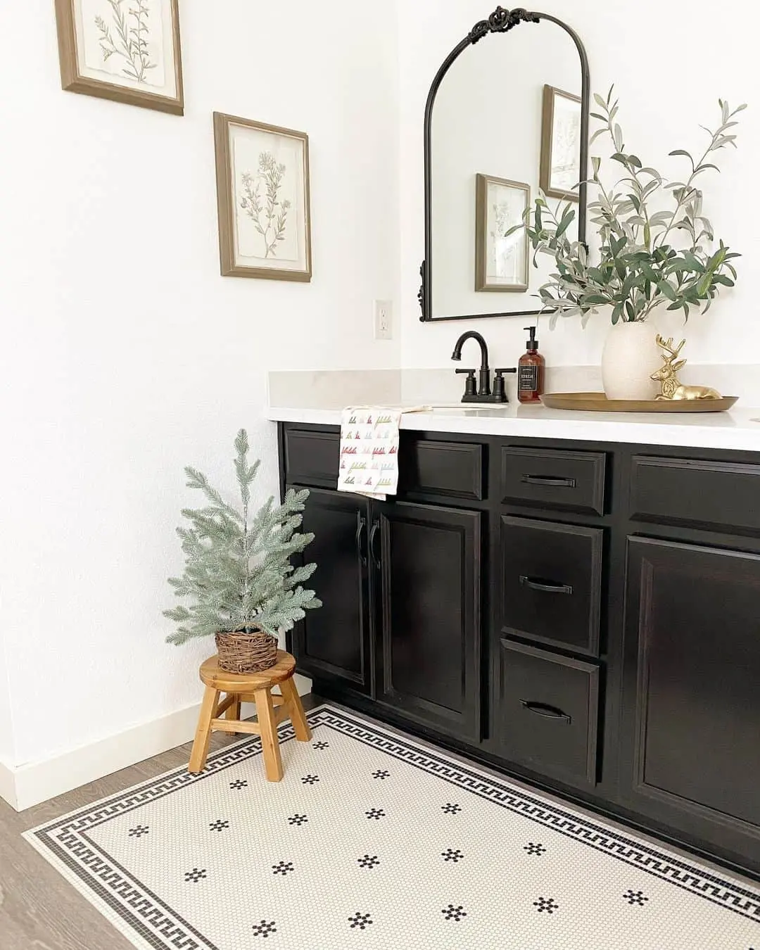 Framed Botanical Prints Add Organic Symmetry Above the Vanity
