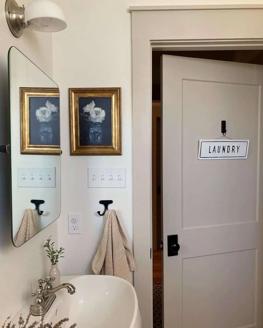 Framed Floral Art Adds Softness Above the Vanity