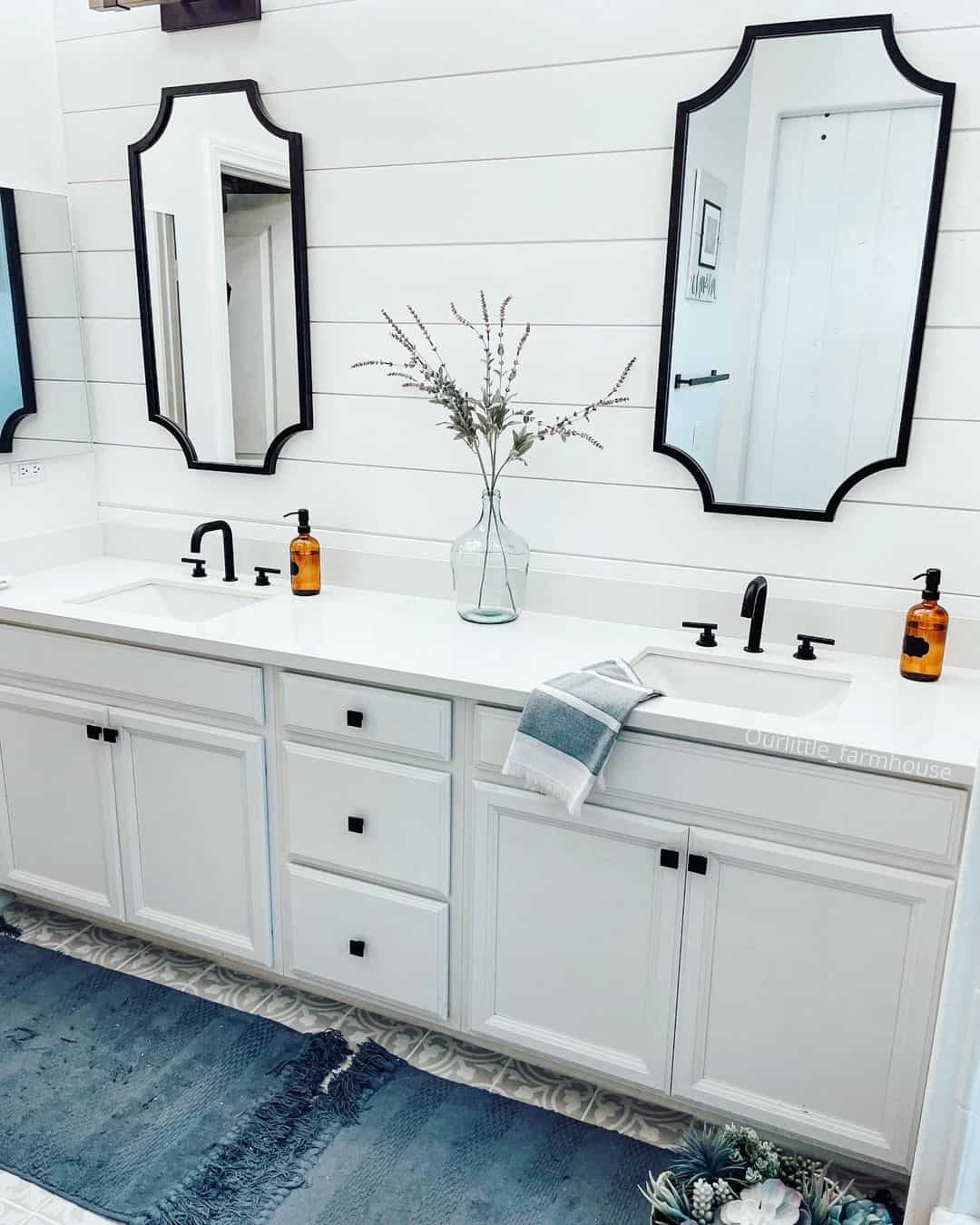Ornate Black Mirrors Stand Out Against White Shiplap